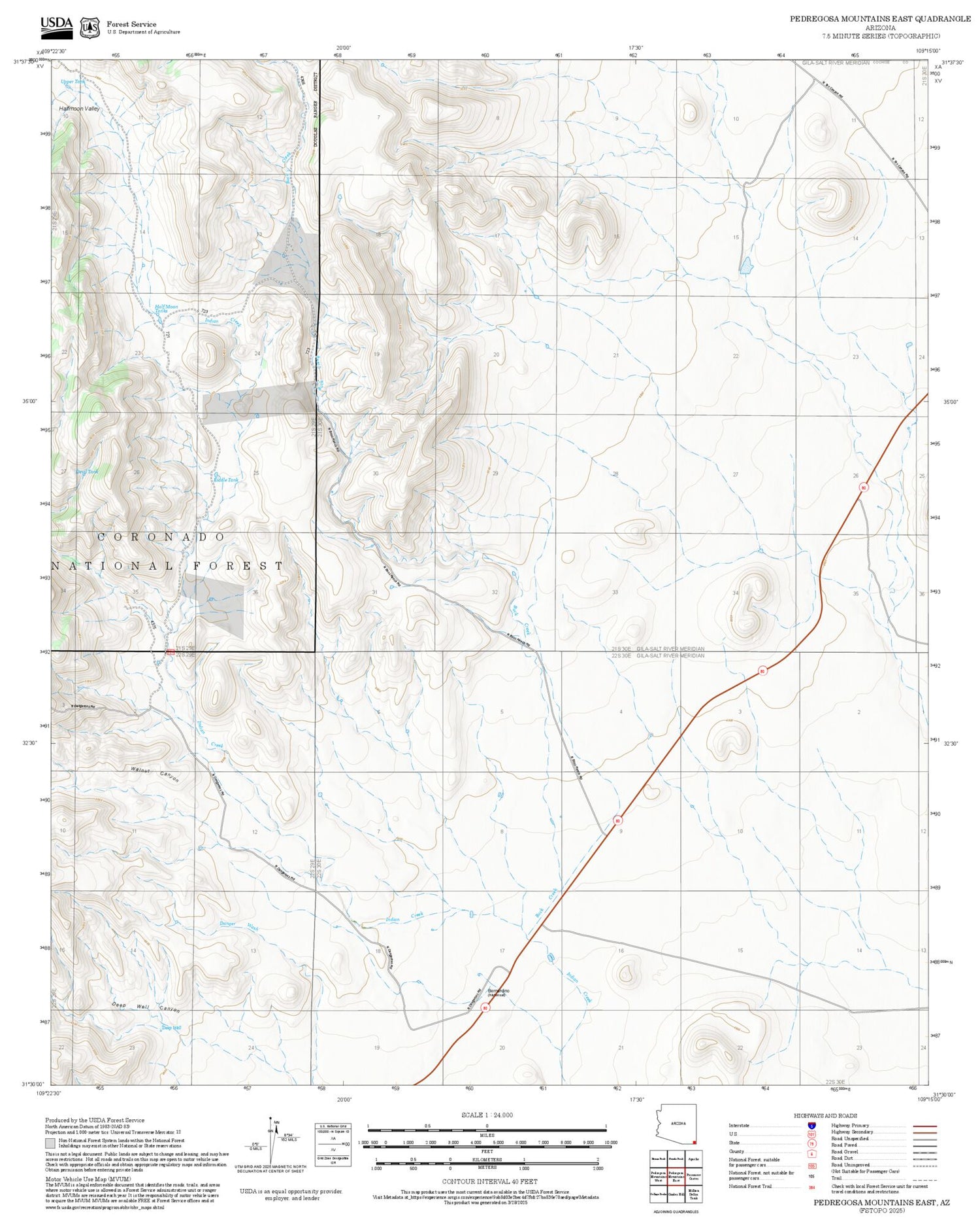 2025 Forest Service Topo Map of Pedregosa Mountains East Arizona