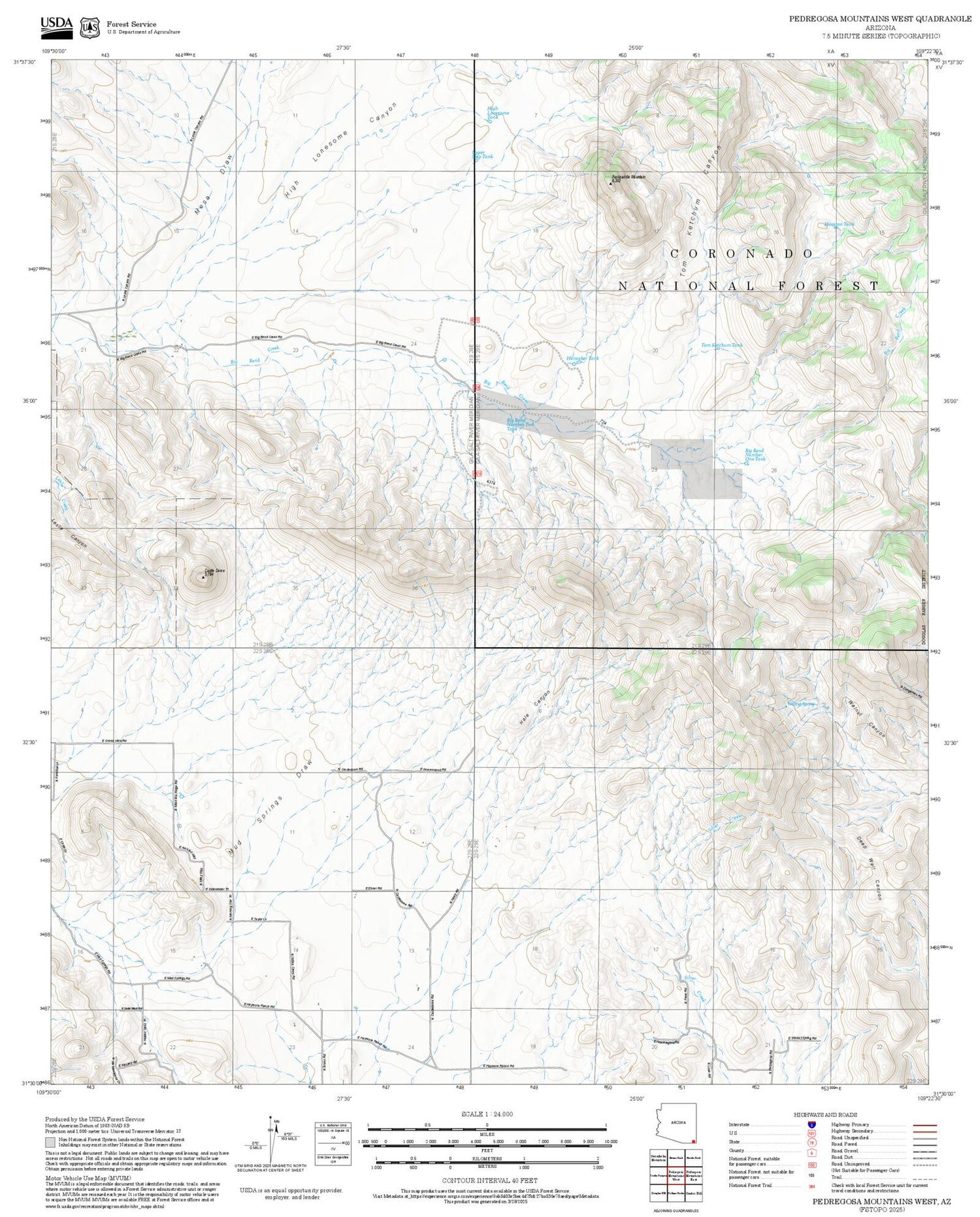 2025 Forest Service Topo Map of Pedregosa Mountains West Arizona