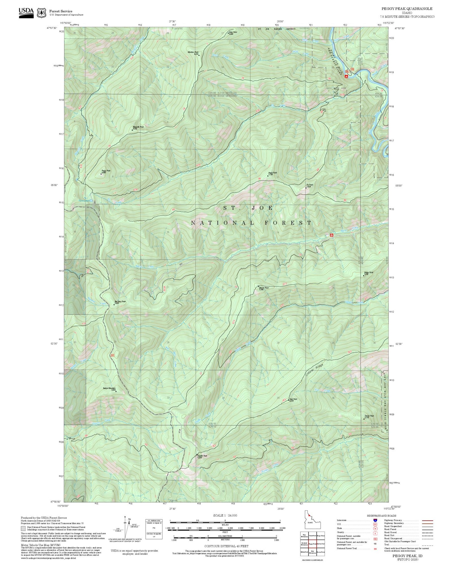 2025 Forest Service Topo Map of Peggy Peak Idaho
