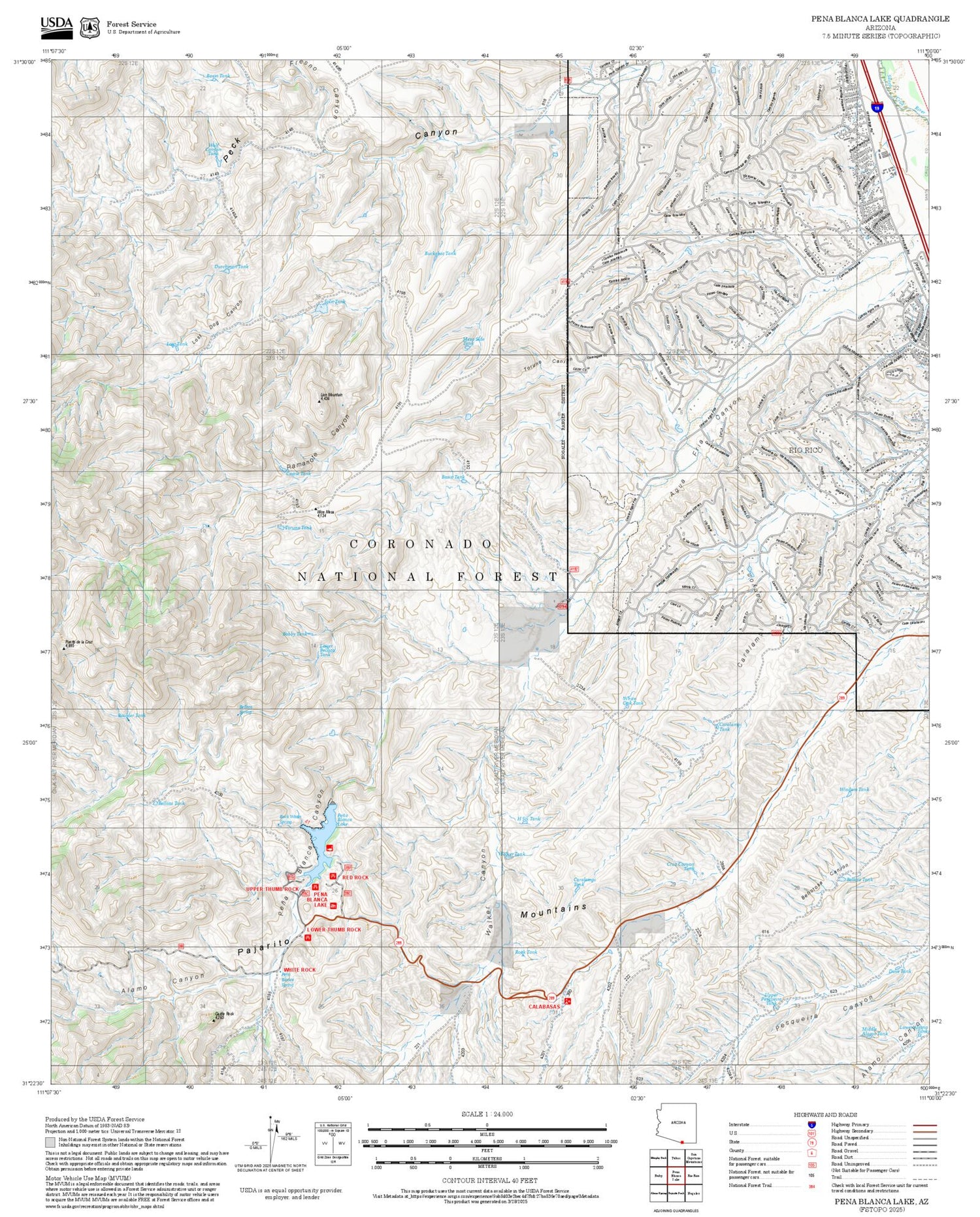 2025 Forest Service Topo Map of Pena Blanca Lake Arizona