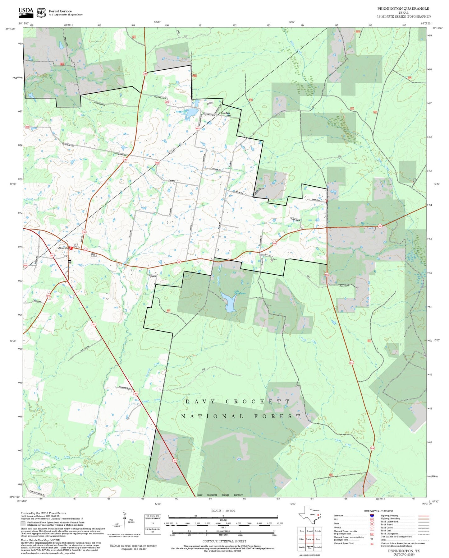 2025 Forest Service Topo Map of Pennington Texas