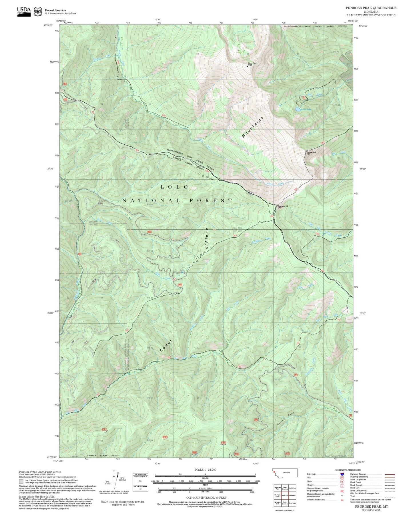 2025 Forest Service Topo Map of Penrose Peak Montana
