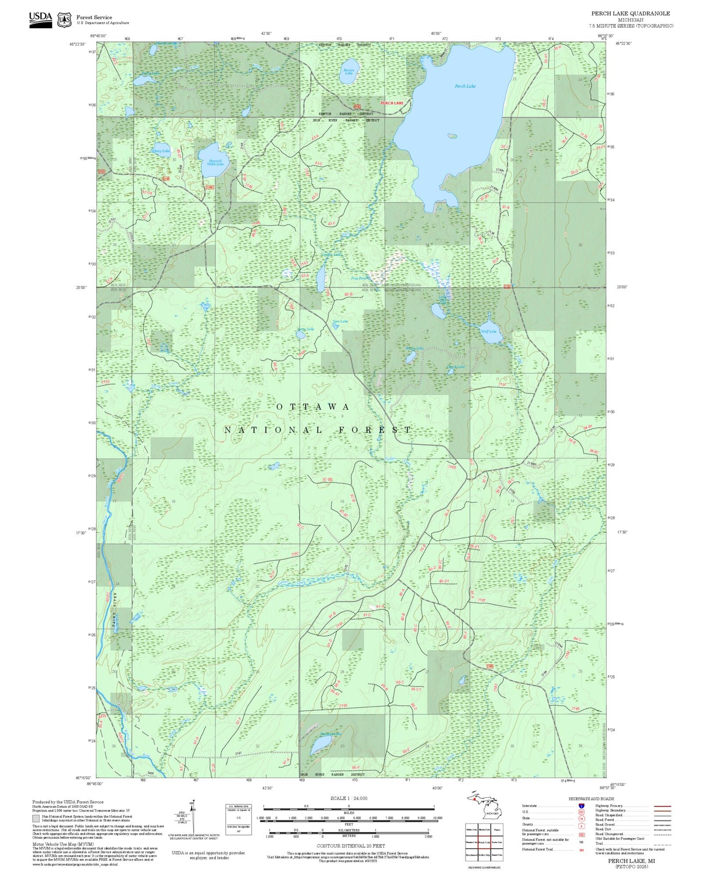 2025 Forest Service Topo Map of Perch Lake Michigan