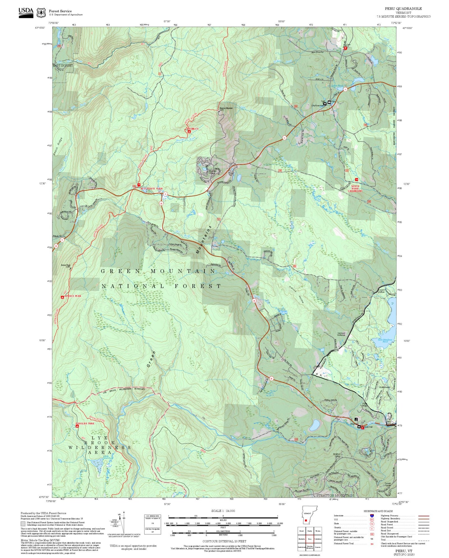 2025 Forest Service Topo Map of Peru Vermont