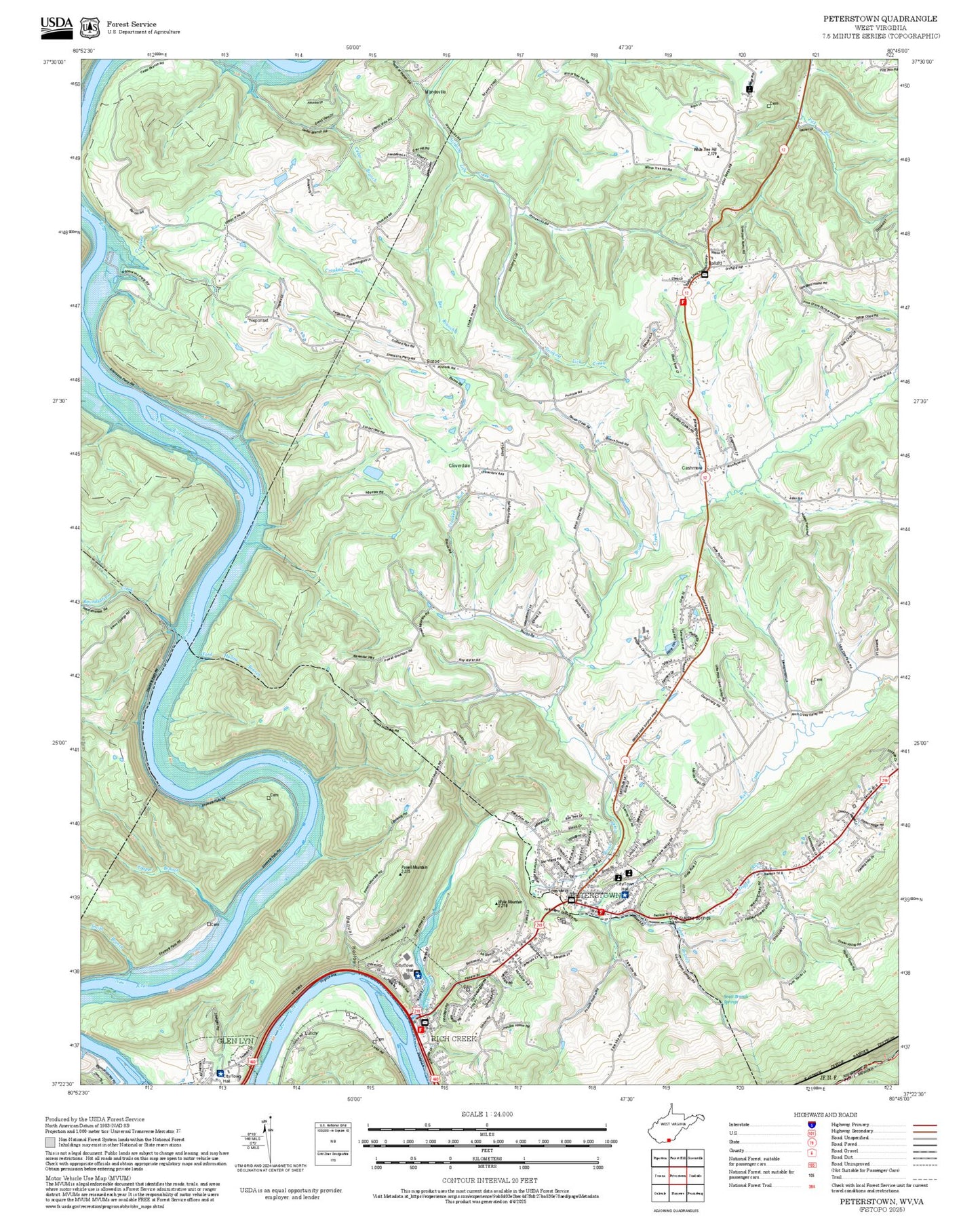2025 Forest Service Topo Map of Peterstown West Virginia