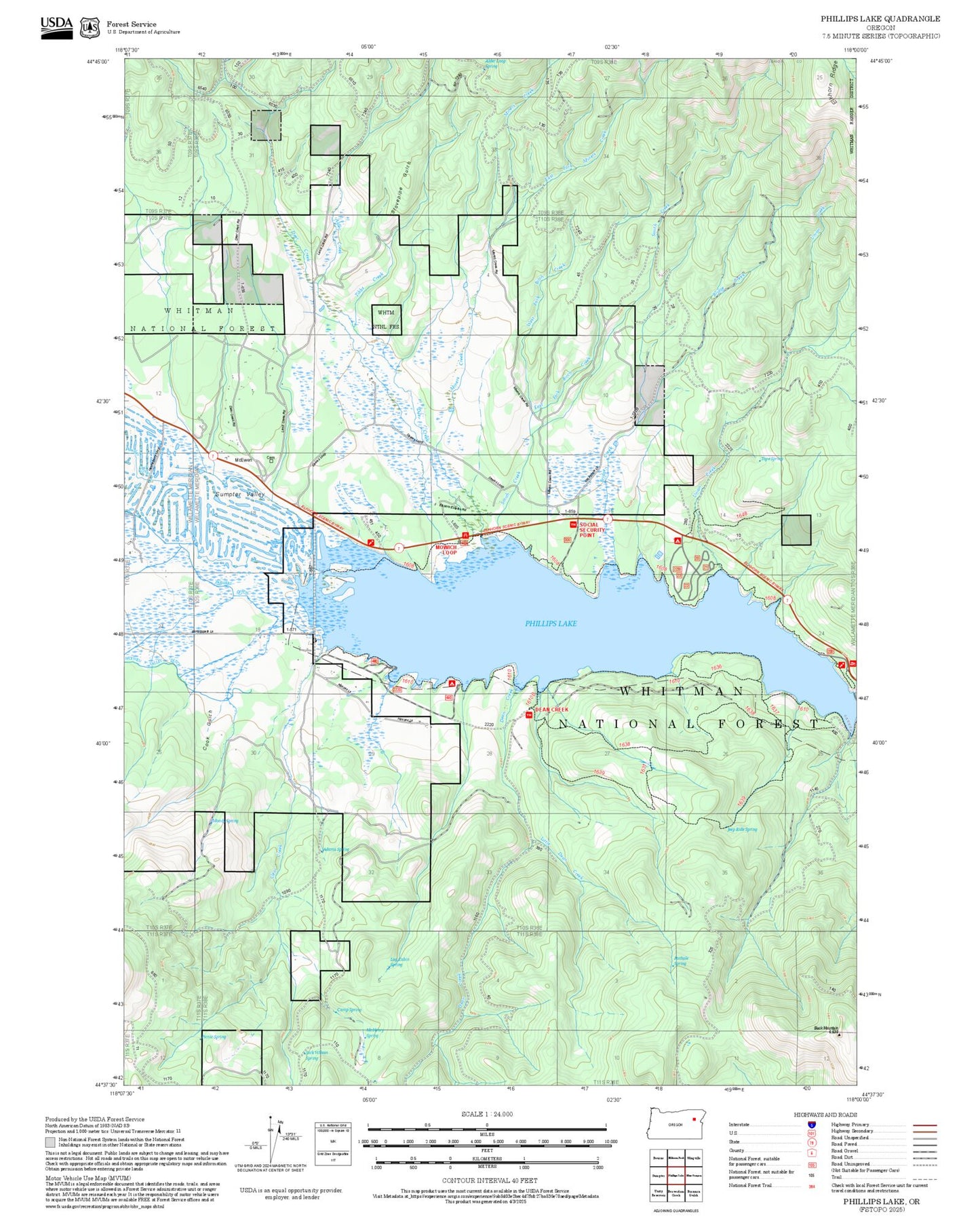 2025 Forest Service Topo Map of Phillips Lake Oregon