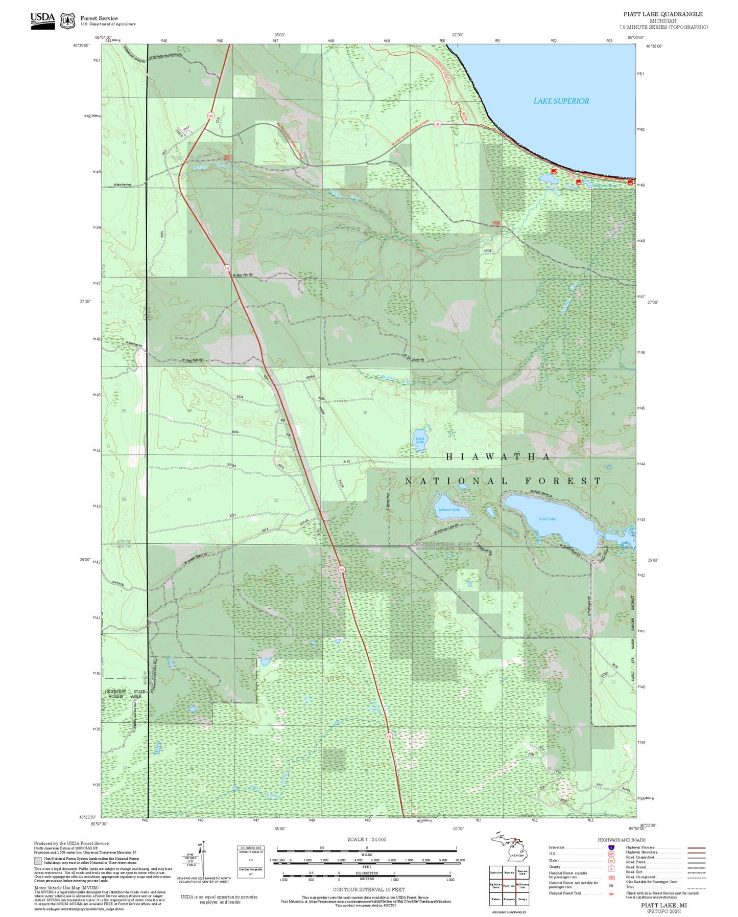 2025 Forest Service Topo Map of Piatt Lake Michigan