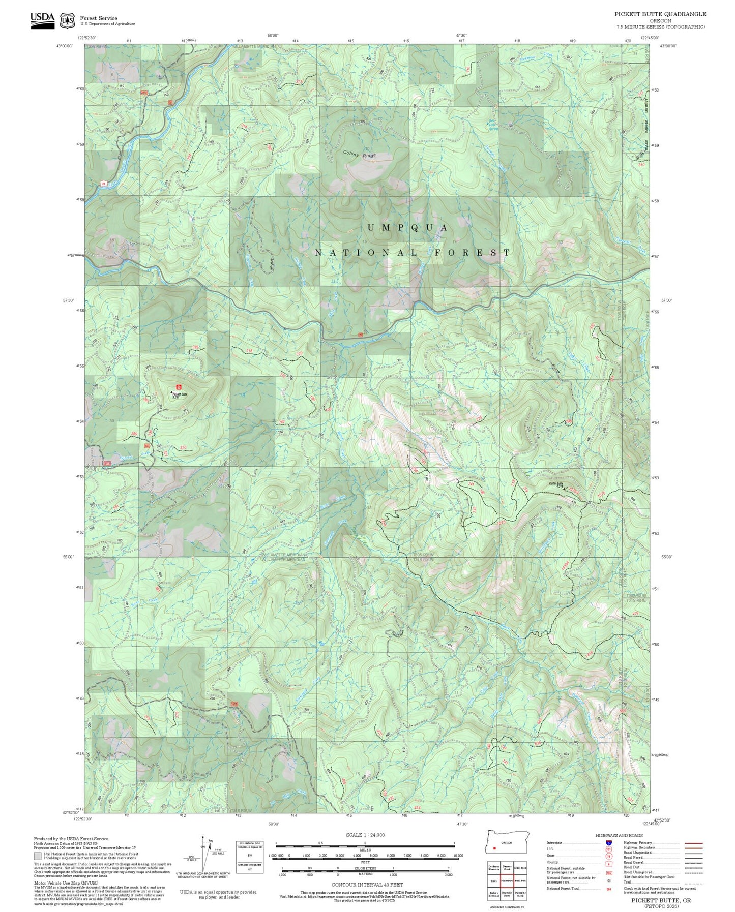 2025 Forest Service Topo Map of Pickett Butte Oregon