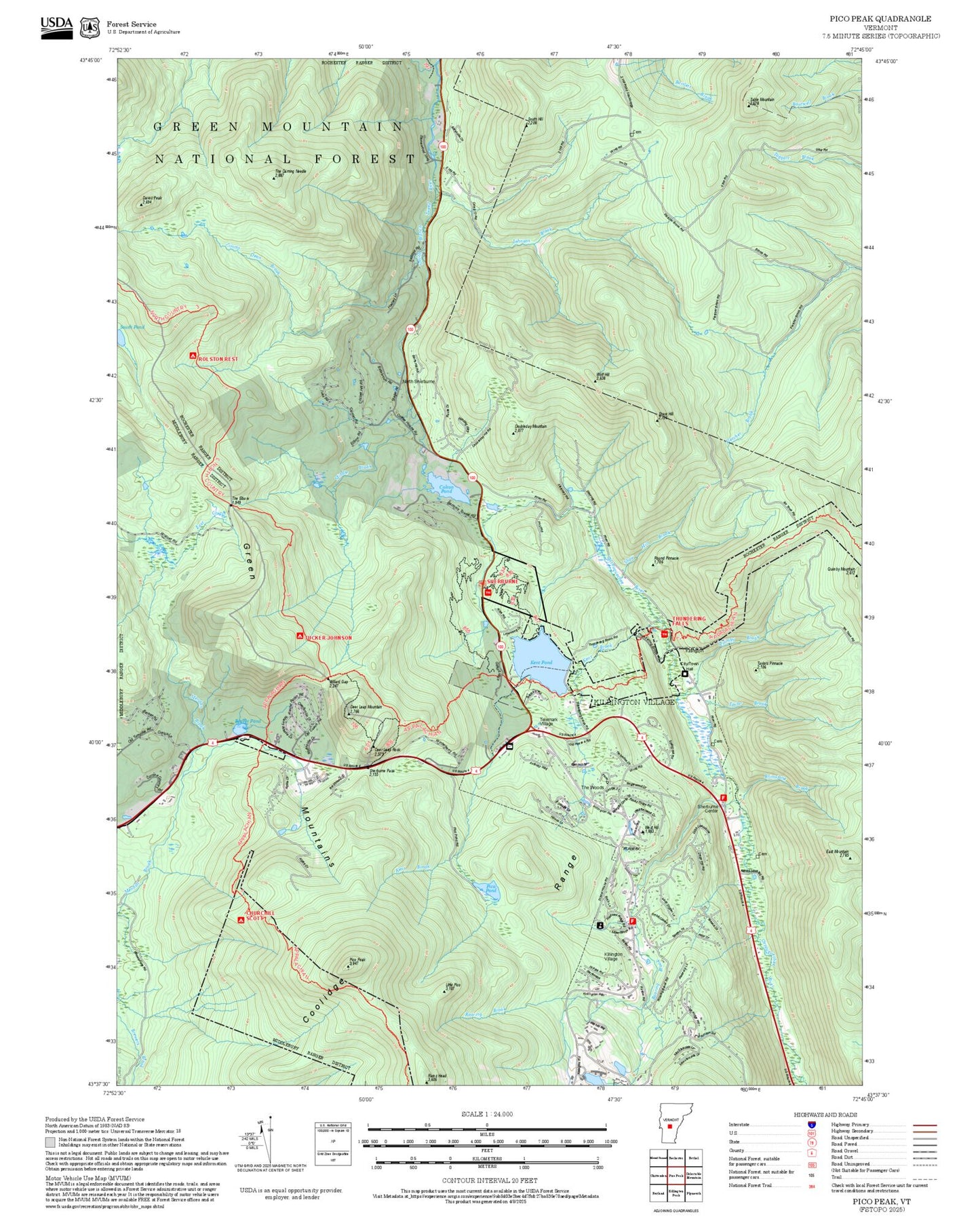 2025 Forest Service Topo Map of Pico Peak Vermont