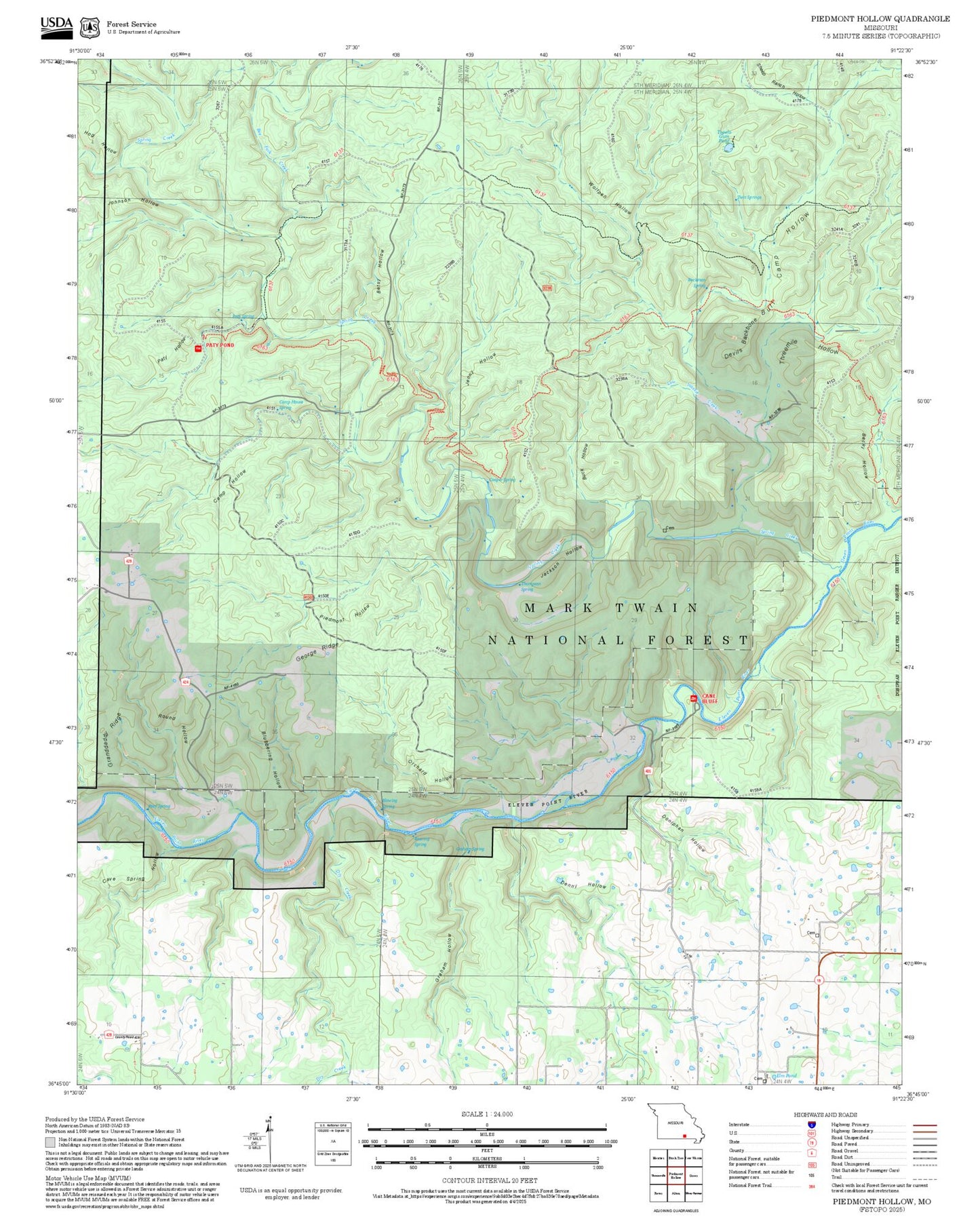 2025 Forest Service Topo Map of Piedmont Hollow Missouri