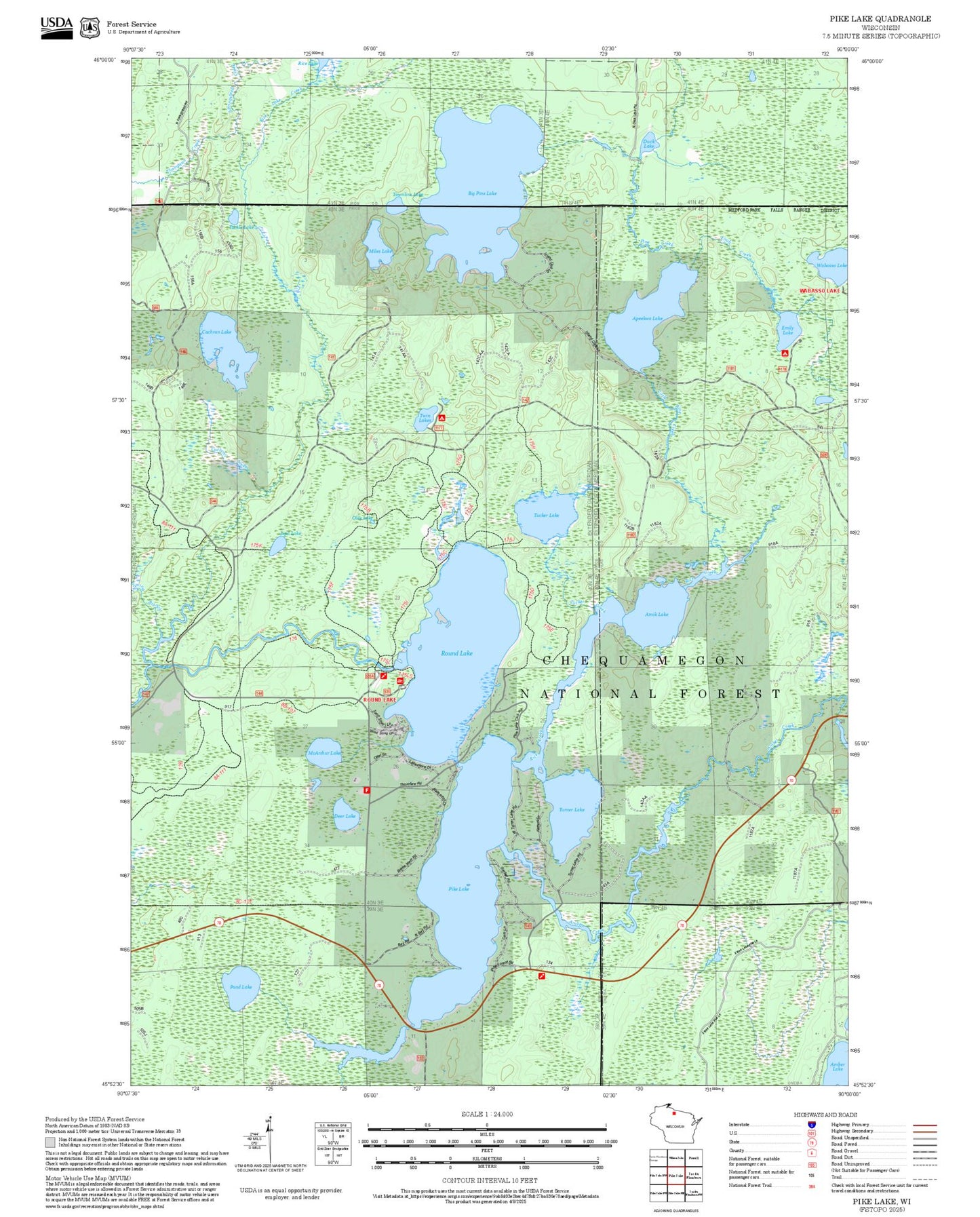 2025 Forest Service Topo Map of Pike Lake Wisconsin