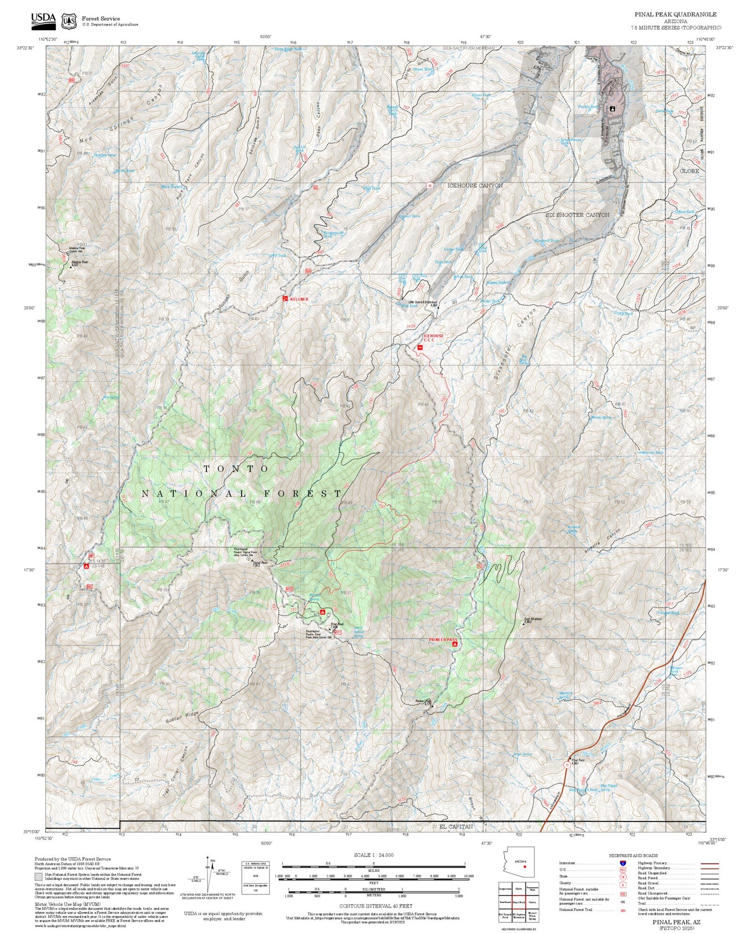 2025 Forest Service Topo Map of Pinal Peak Arizona