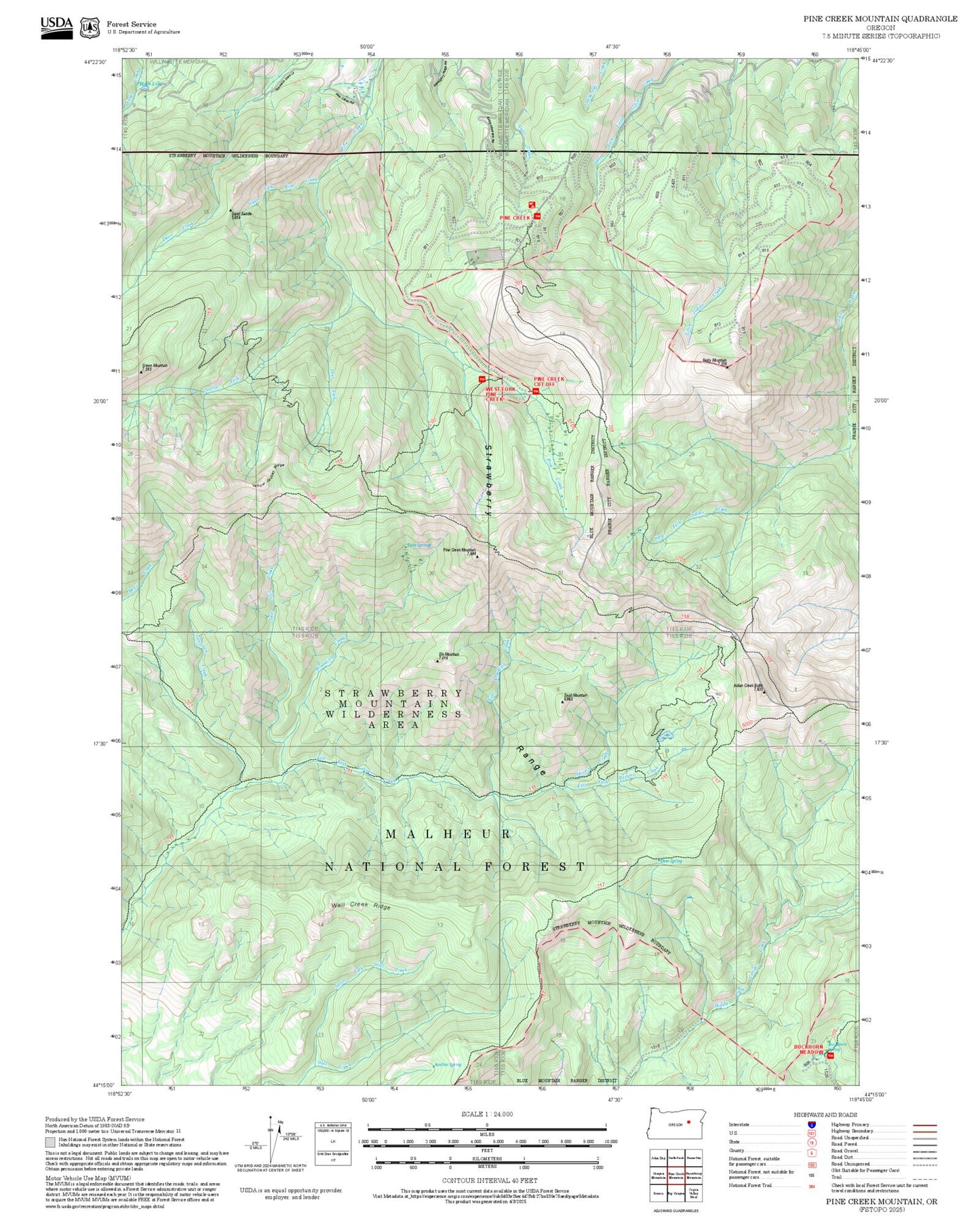 2025 Forest Service Topo Map of Pine Creek Mountain Oregon