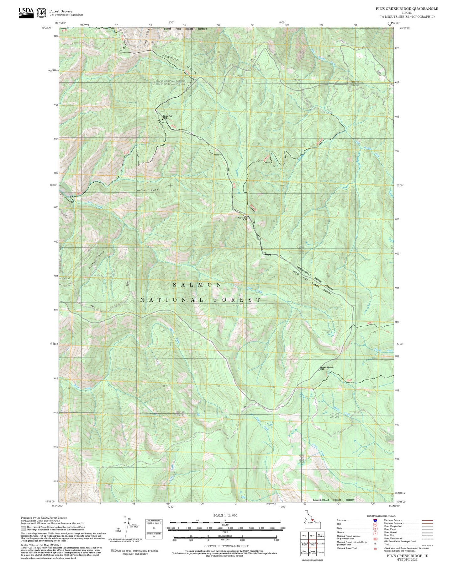 2025 Forest Service Topo Map of Pine Creek Ridge Idaho