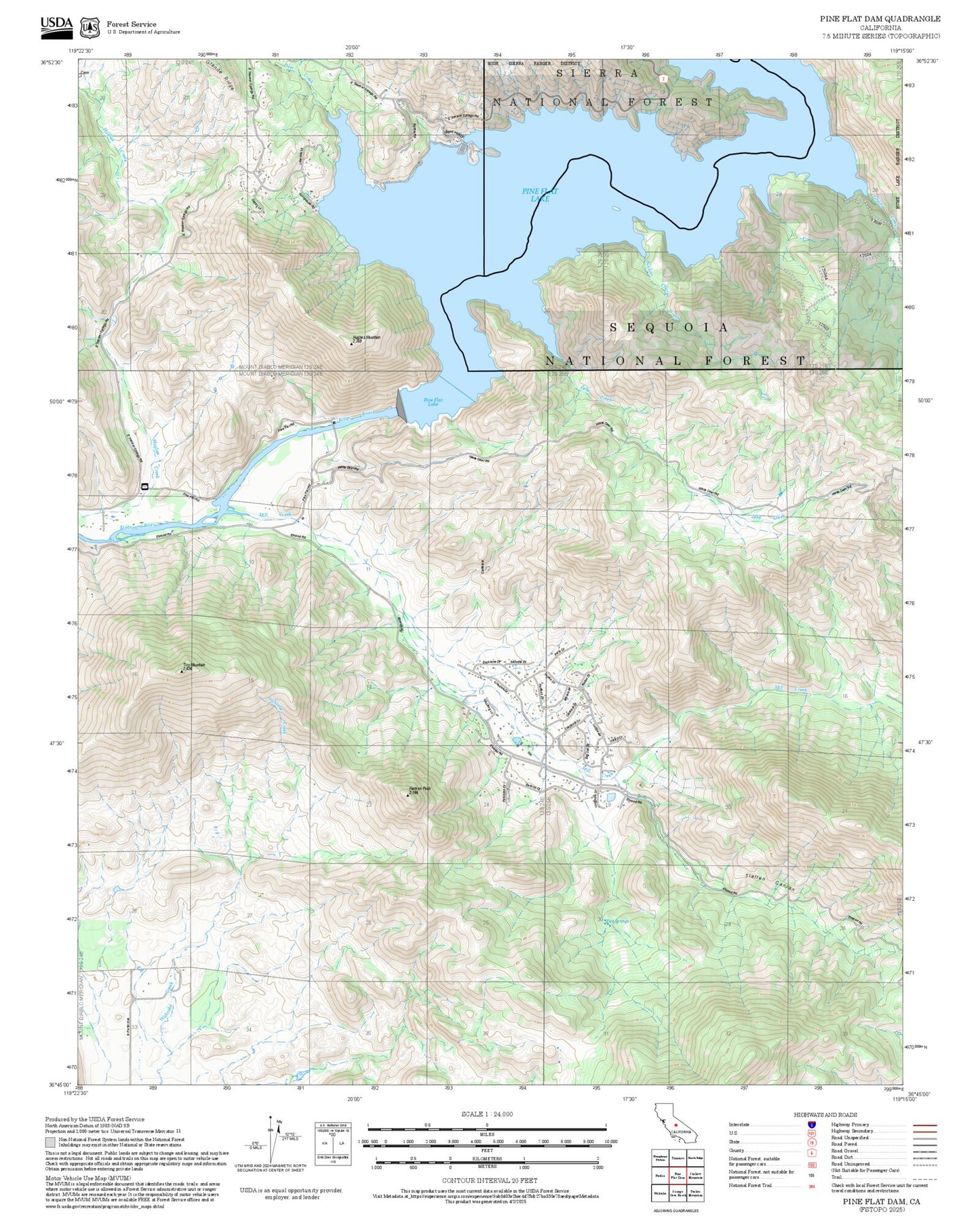 2025 Forest Service Topo Map of Pine Flat Dam California