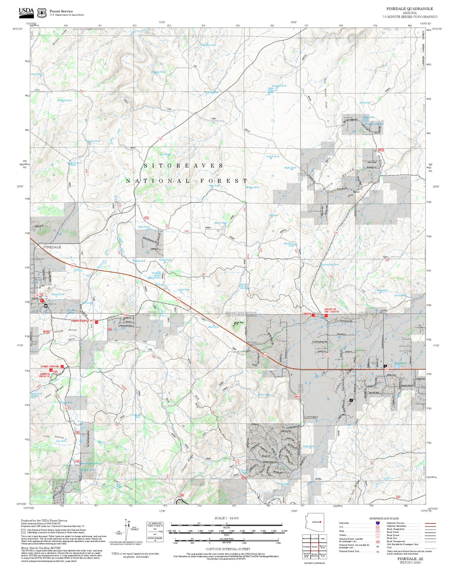 2025 Forest Service Topo Map of Pinedale Arizona