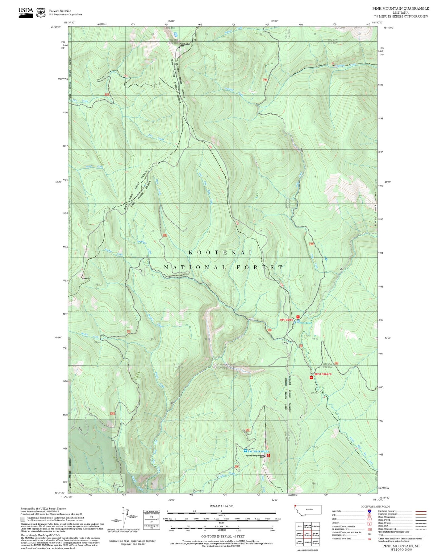 2025 Forest Service Topo Map of Pink Mountain Montana
