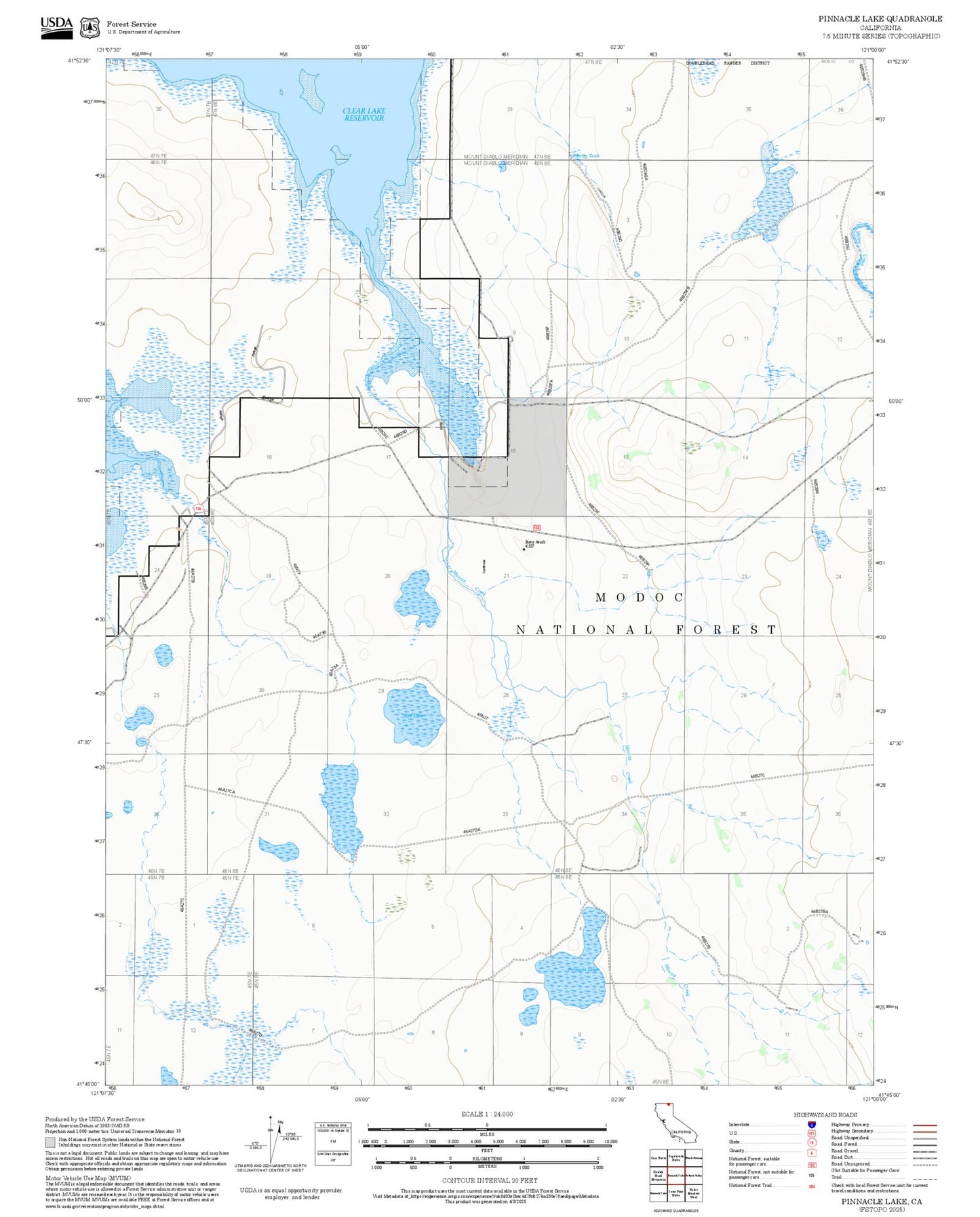 2025 Forest Service Topo Map of Pinnacle Lake California