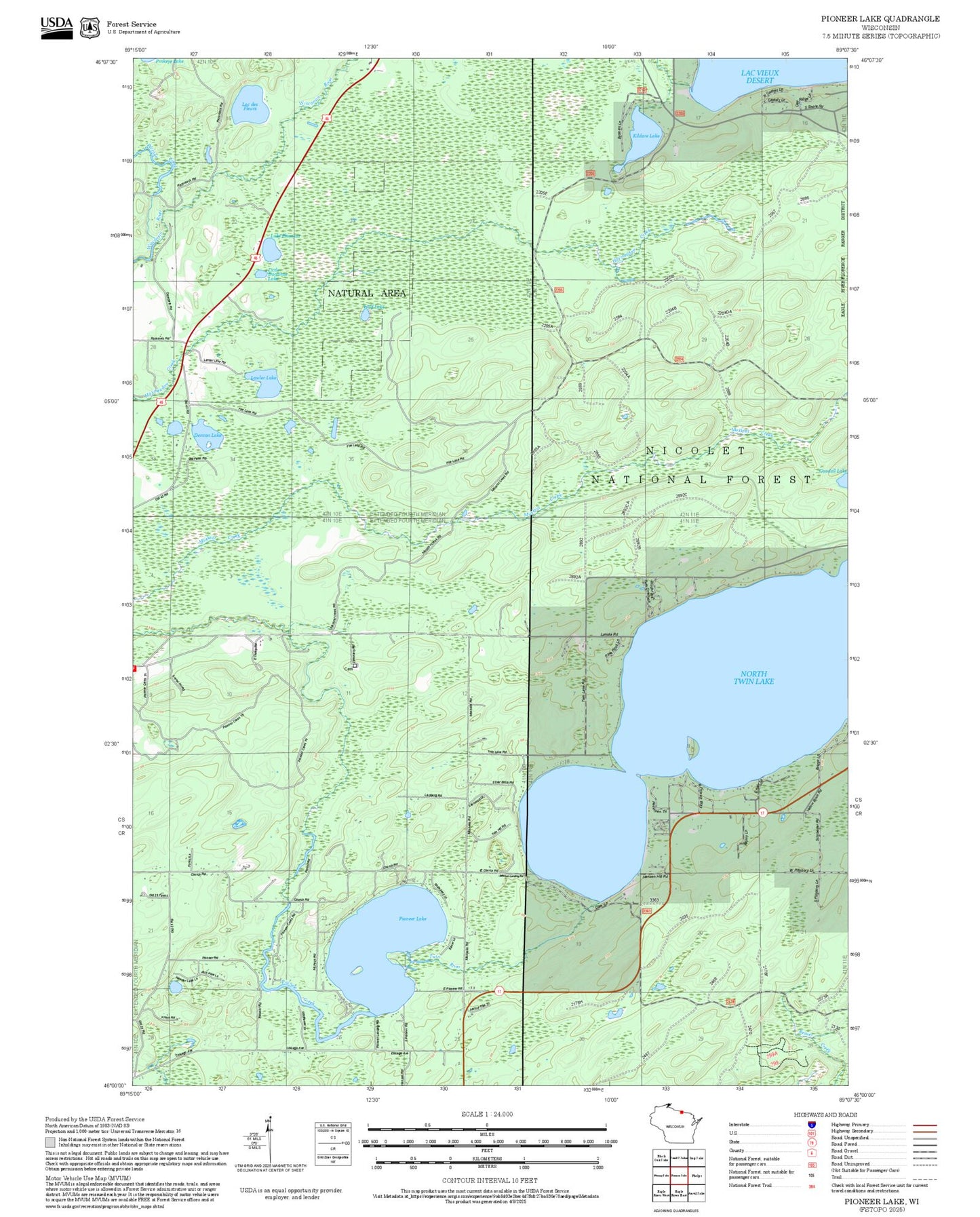 2025 Forest Service Topo Map of Pioneer Lake Wisconsin