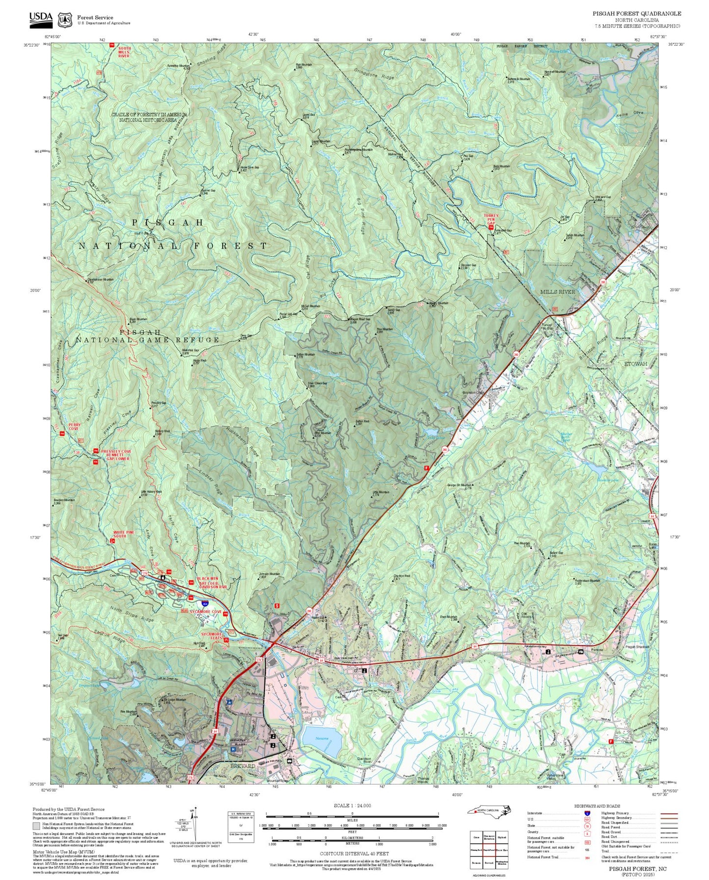 2025 Forest Service Topo Map of Pisgah Forest North Carolina