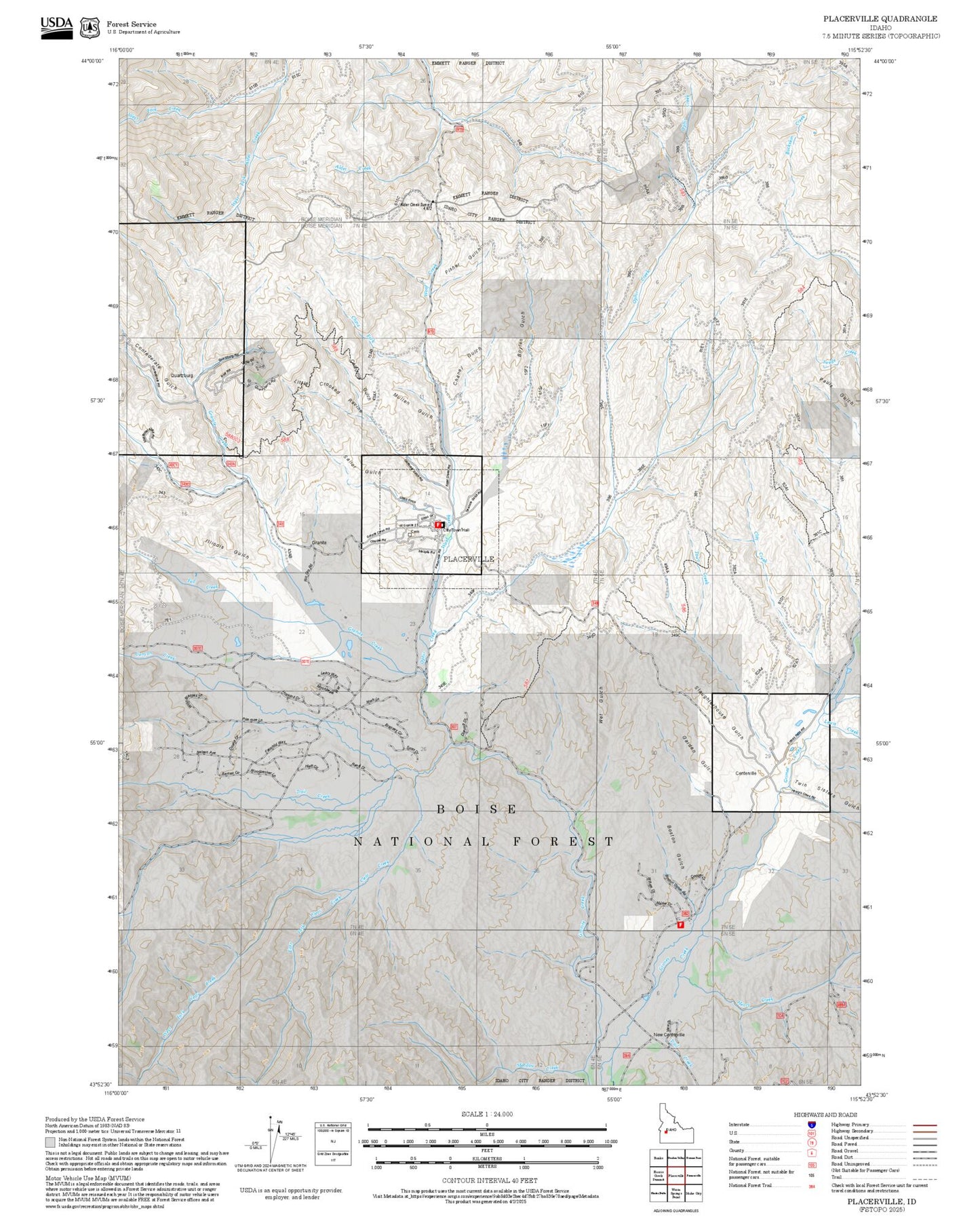 2025 Forest Service Topo Map of Placerville Idaho