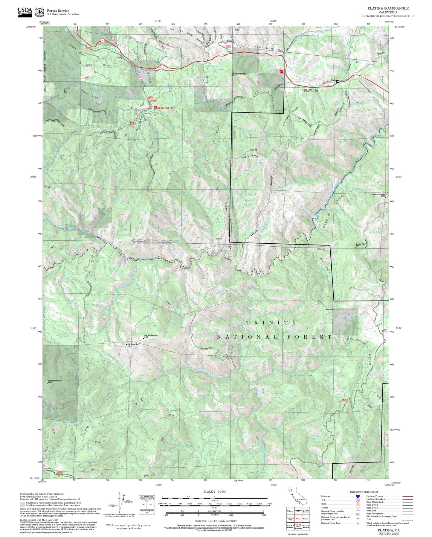 2025 Forest Service Topo Map of Platina California