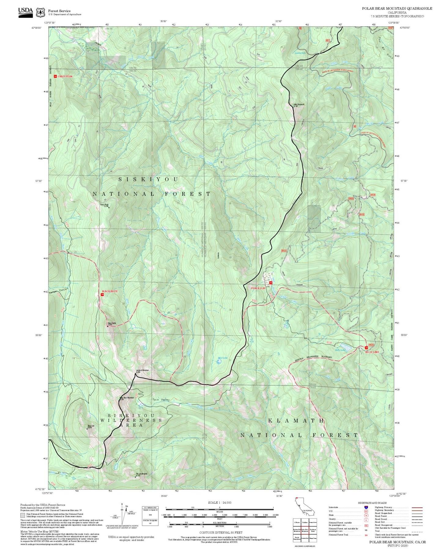 2025 Forest Service Topo Map of Polar Bear Mountain California