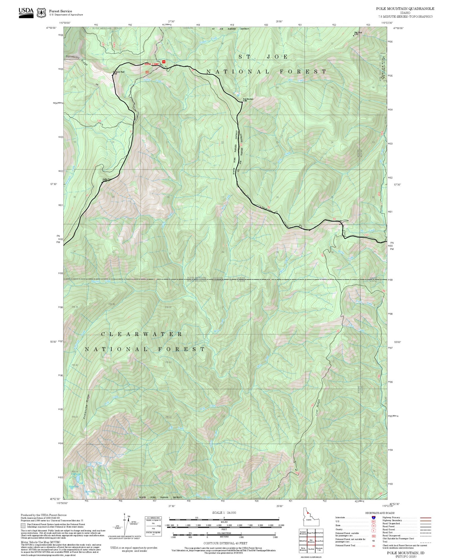 2025 Forest Service Topo Map of Pole Mountain Idaho