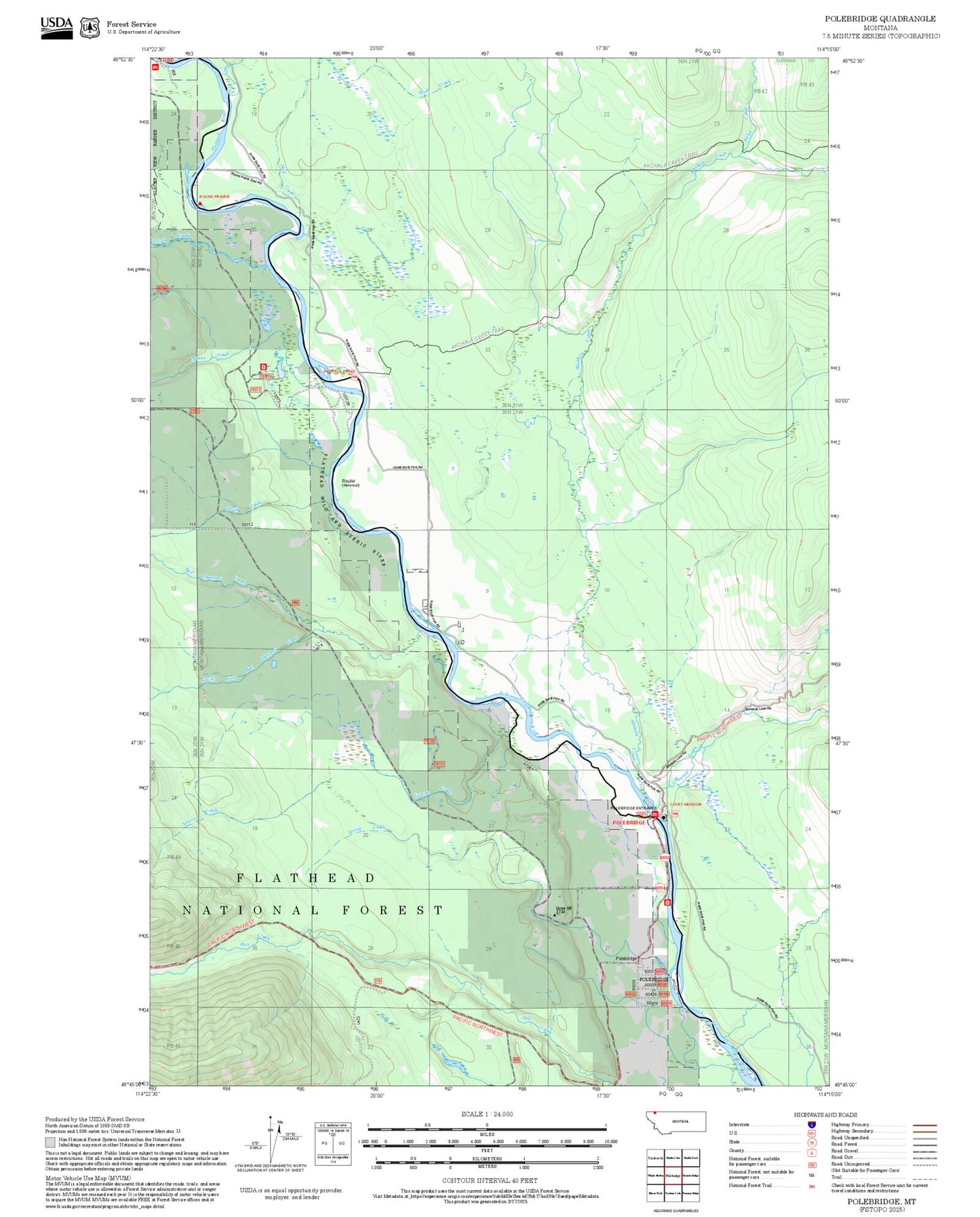 2025 Forest Service Topo Map of Polebridge Montana