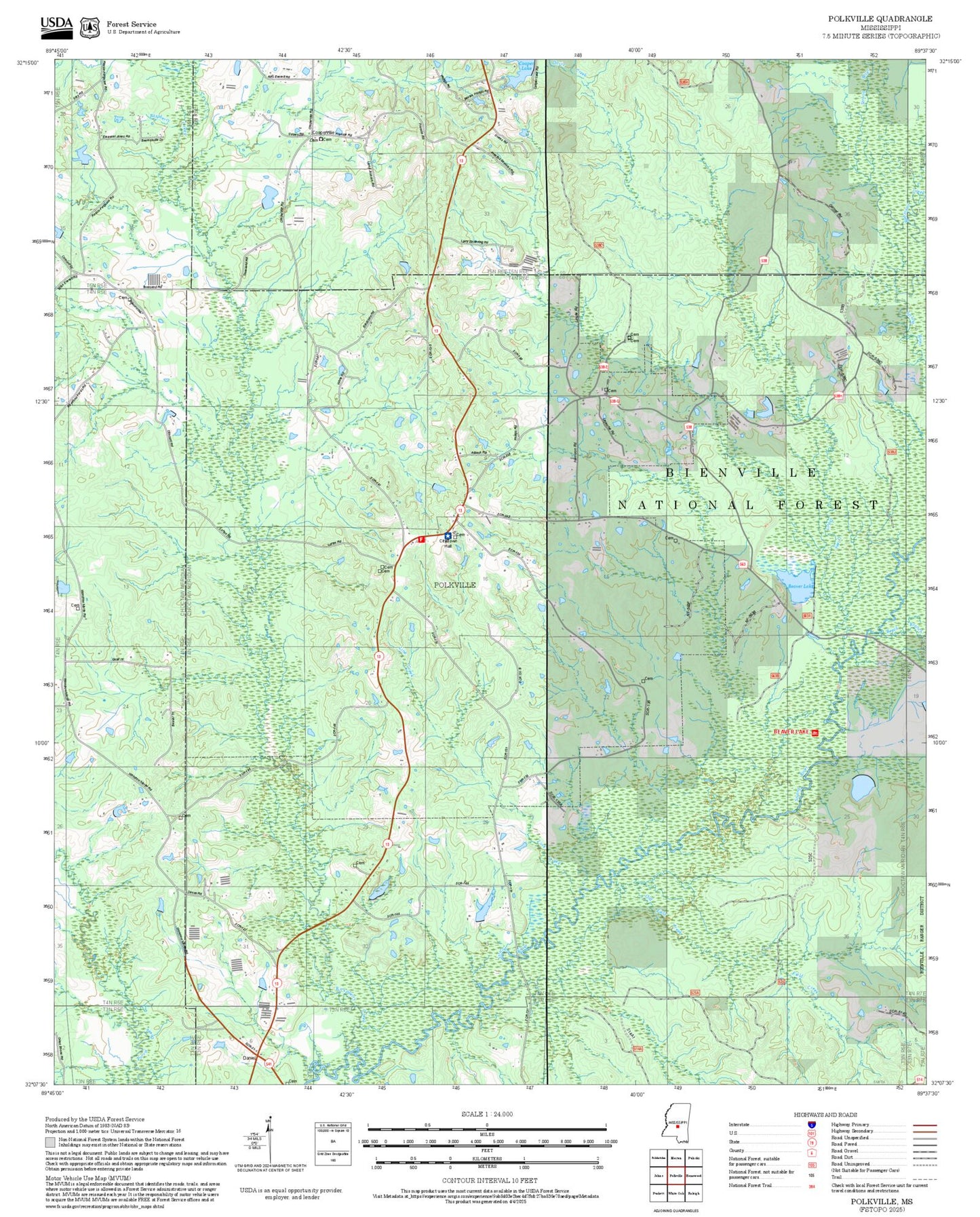 2025 Forest Service Topo Map of Polkville Mississippi