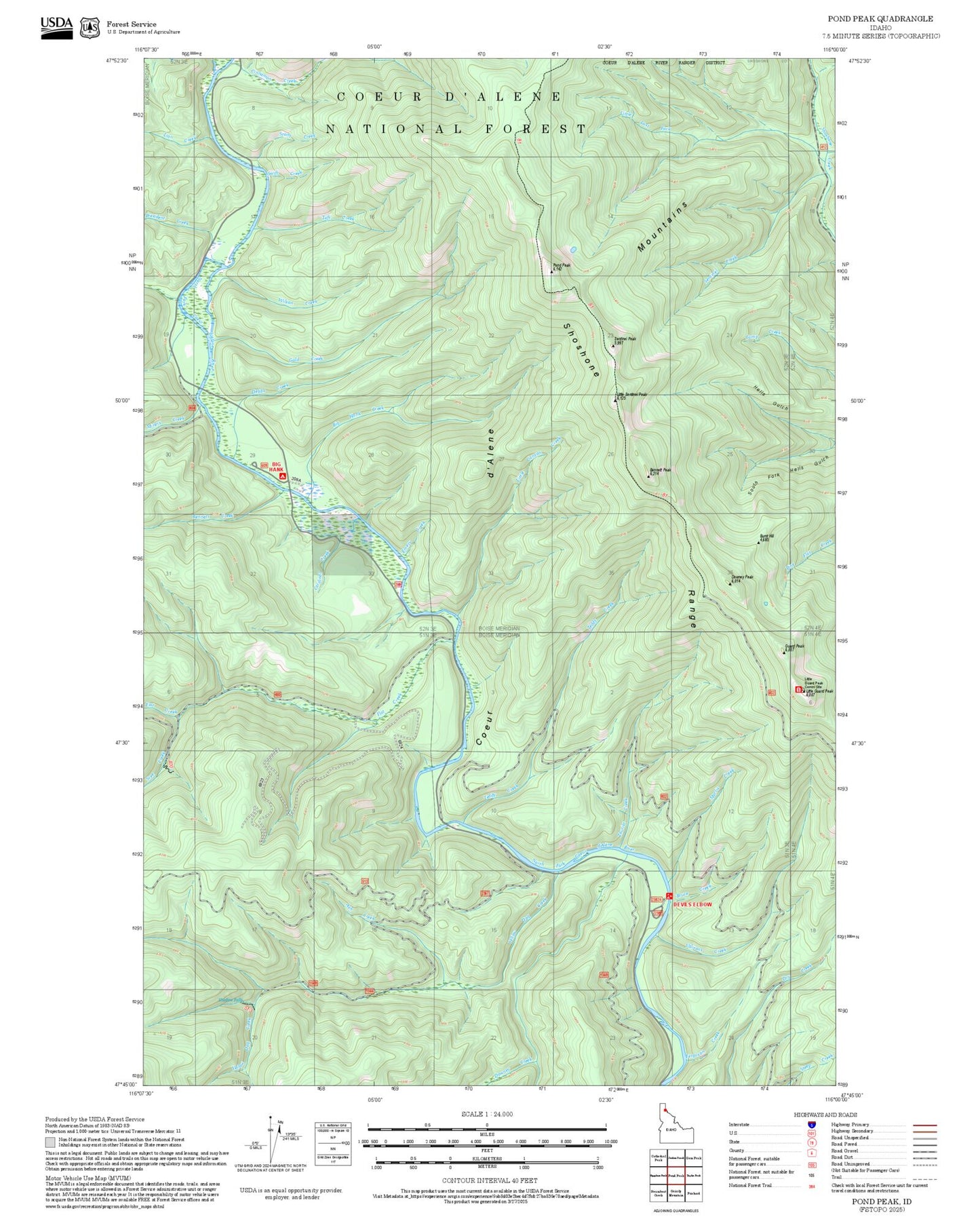 2025 Forest Service Topo Map of Pond Peak Idaho