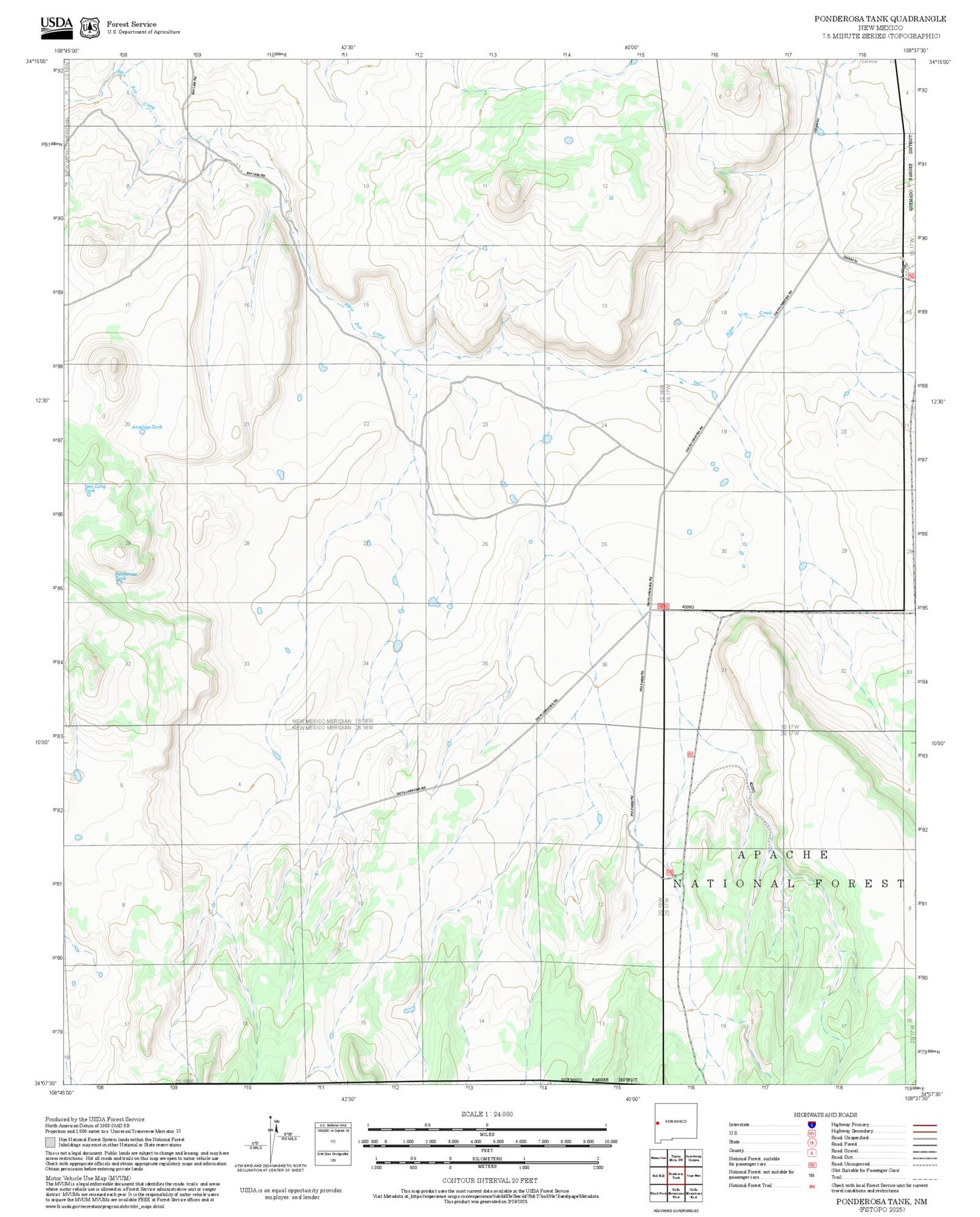 2025 Forest Service Topo Map of Ponderosa Tank New Mexico