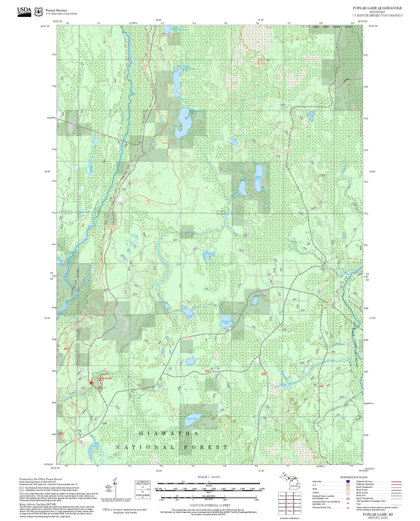2025 Forest Service Topo Map of Poplar Lake Michigan