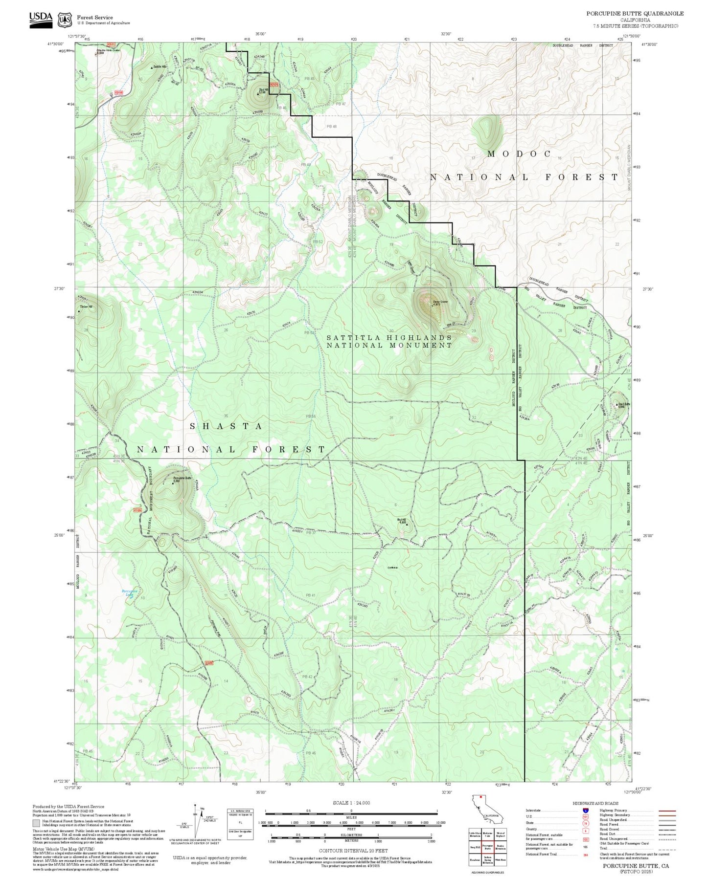 2025 Forest Service Topo Map of Porcupine Butte California