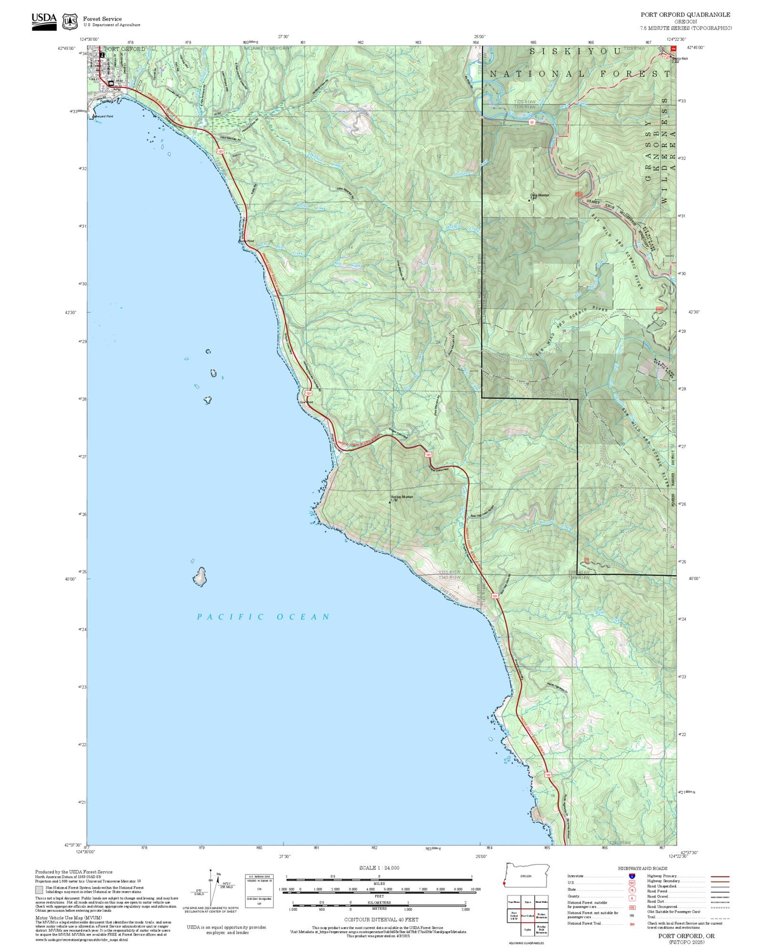 2025 Forest Service Topo Map of Port Orford Oregon