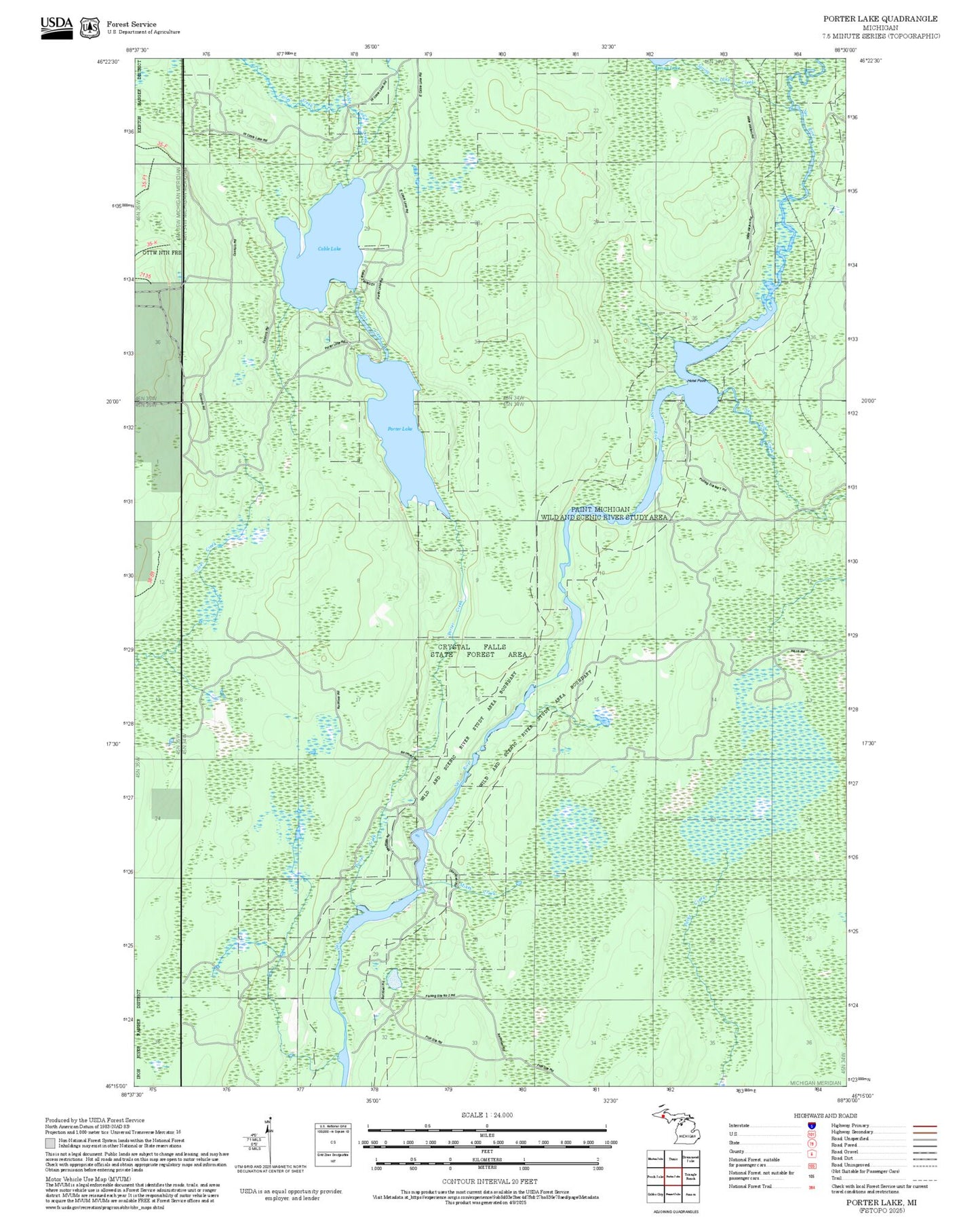 2025 Forest Service Topo Map of Porter Lake Michigan