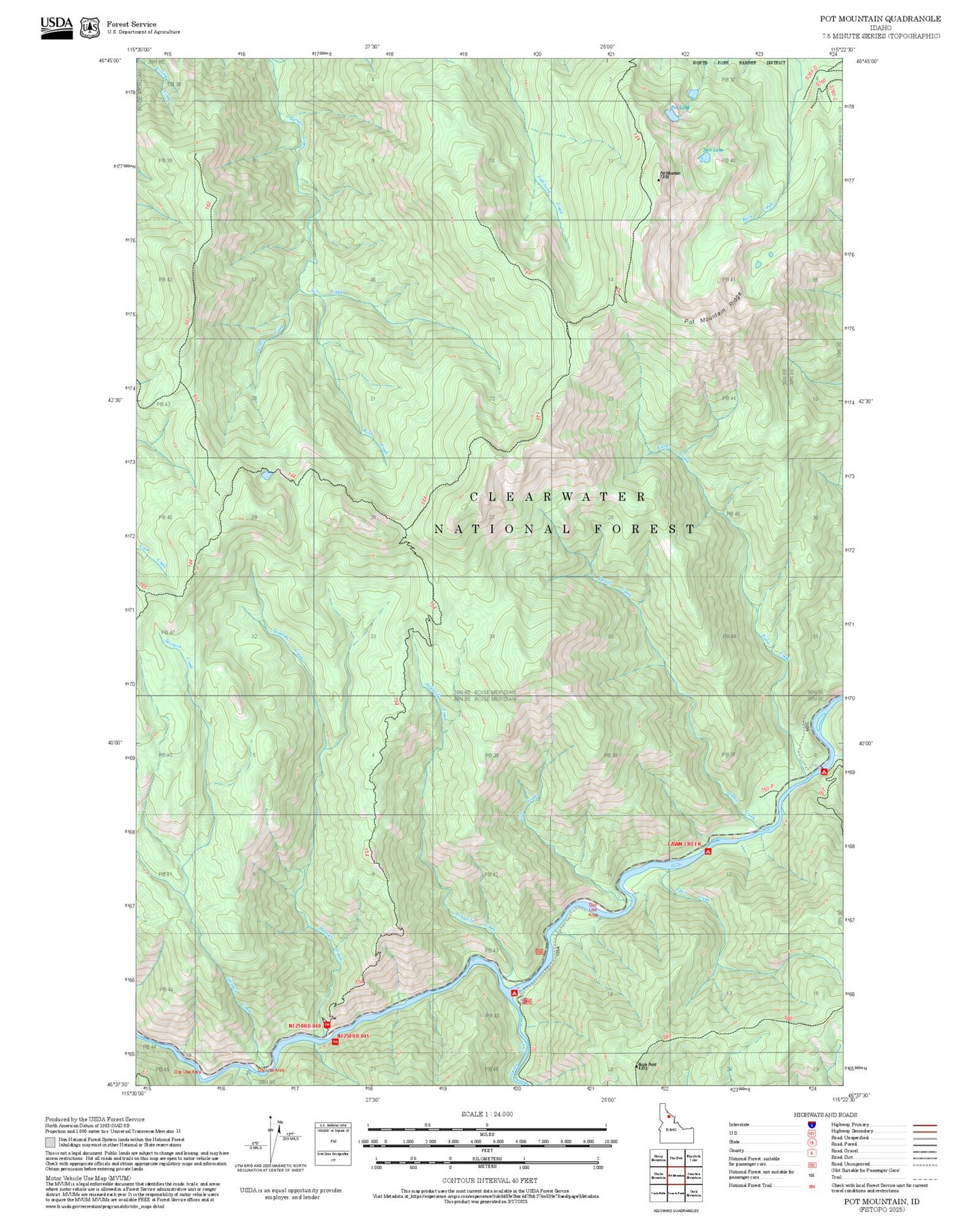 2025 Forest Service Topo Map of Pot Mountain Idaho