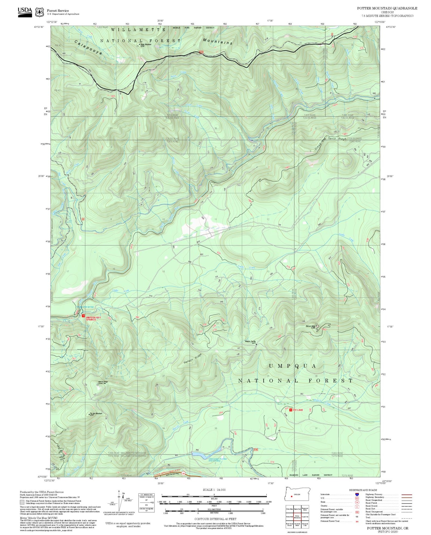 2025 Forest Service Topo Map of Potter Mountain Oregon