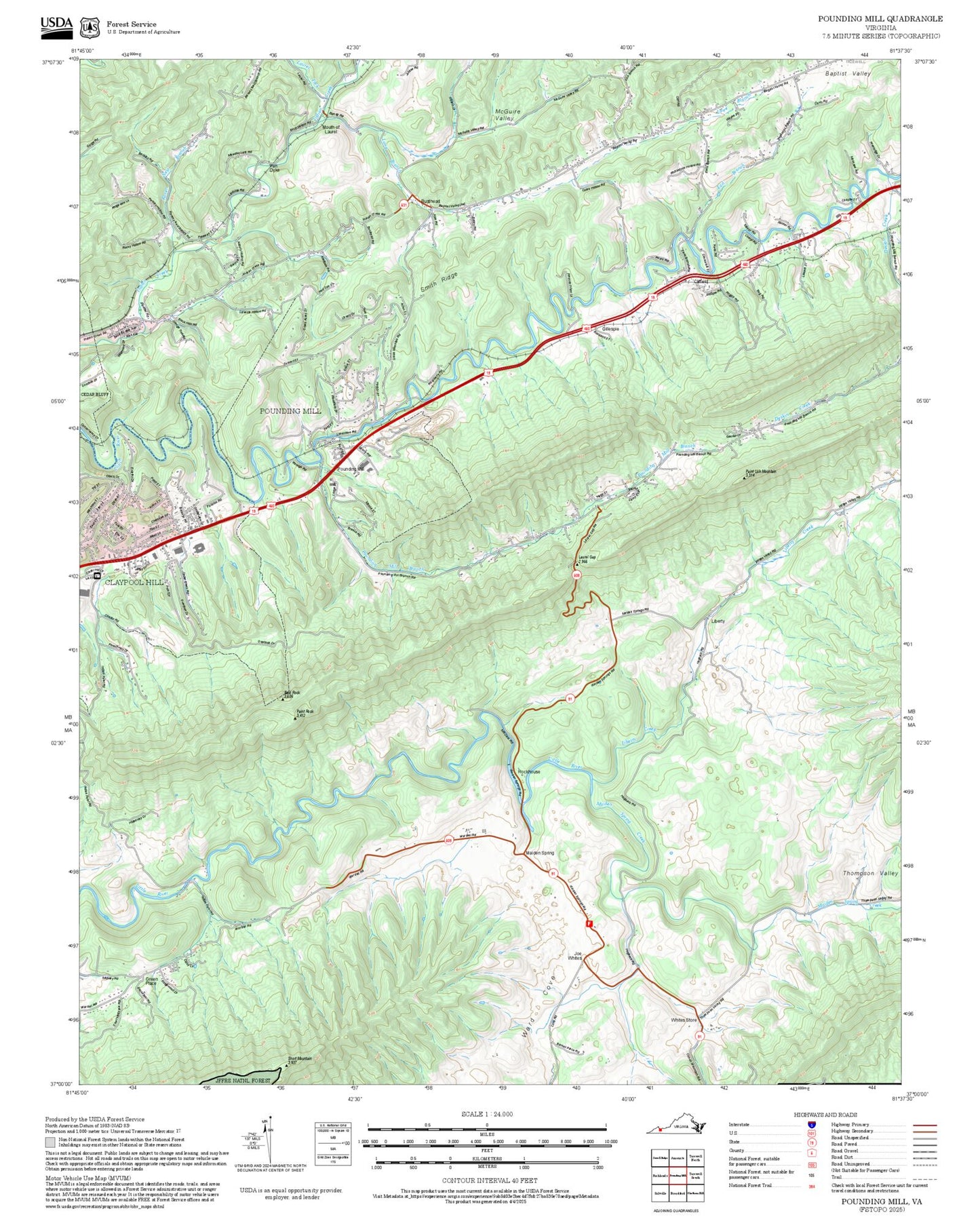 2025 Forest Service Topo Map of Pounding Mill Virginia