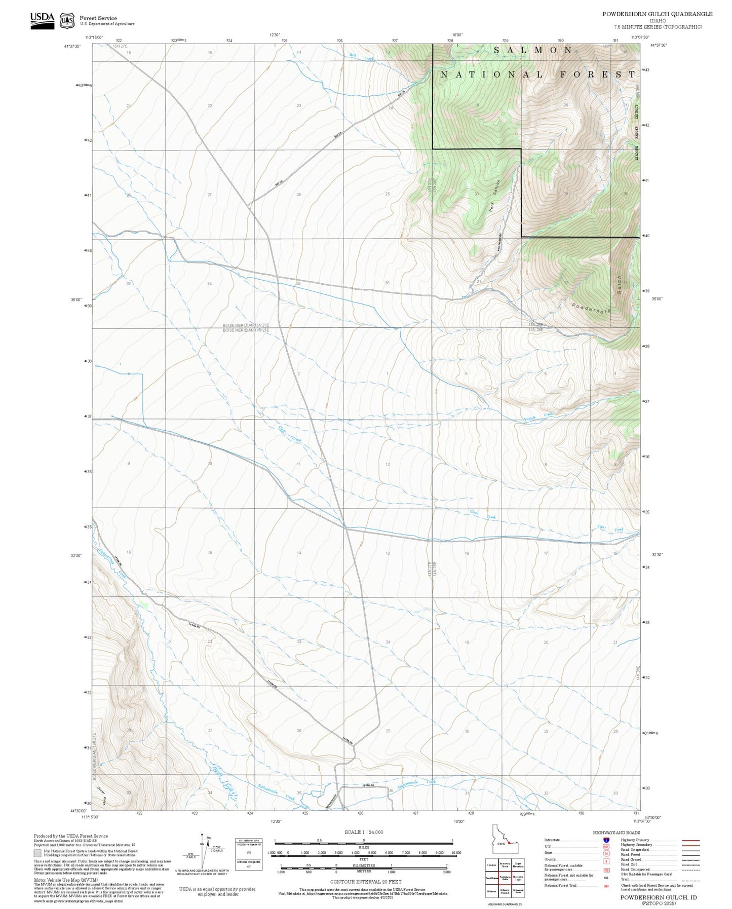 2025 Forest Service Topo Map of Powderhorn Gulch Idaho