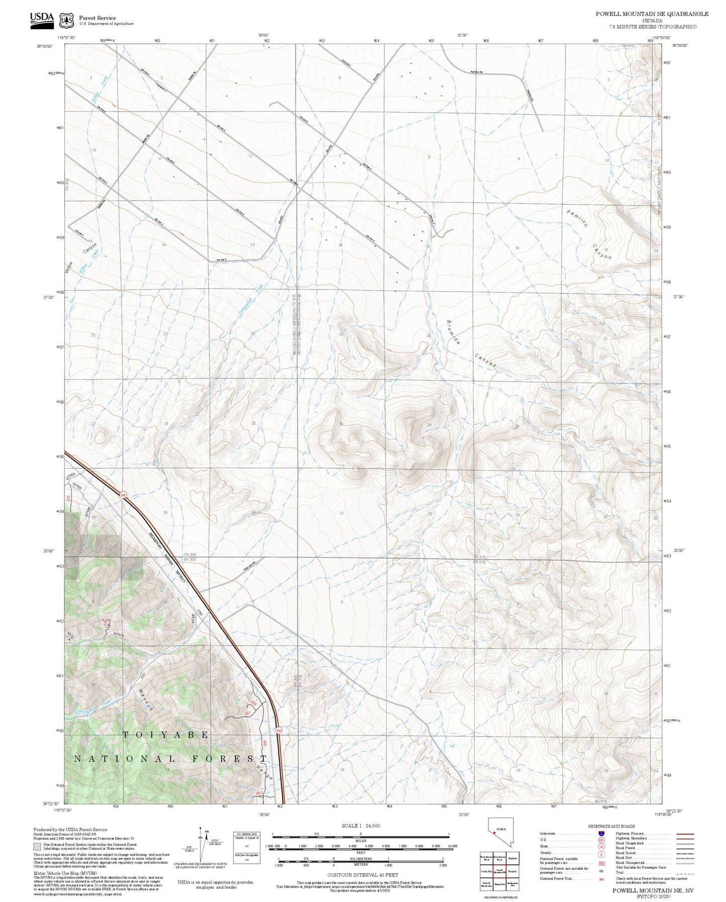 2025 Forest Service Topo Map of Powell Mountain NE Nevada