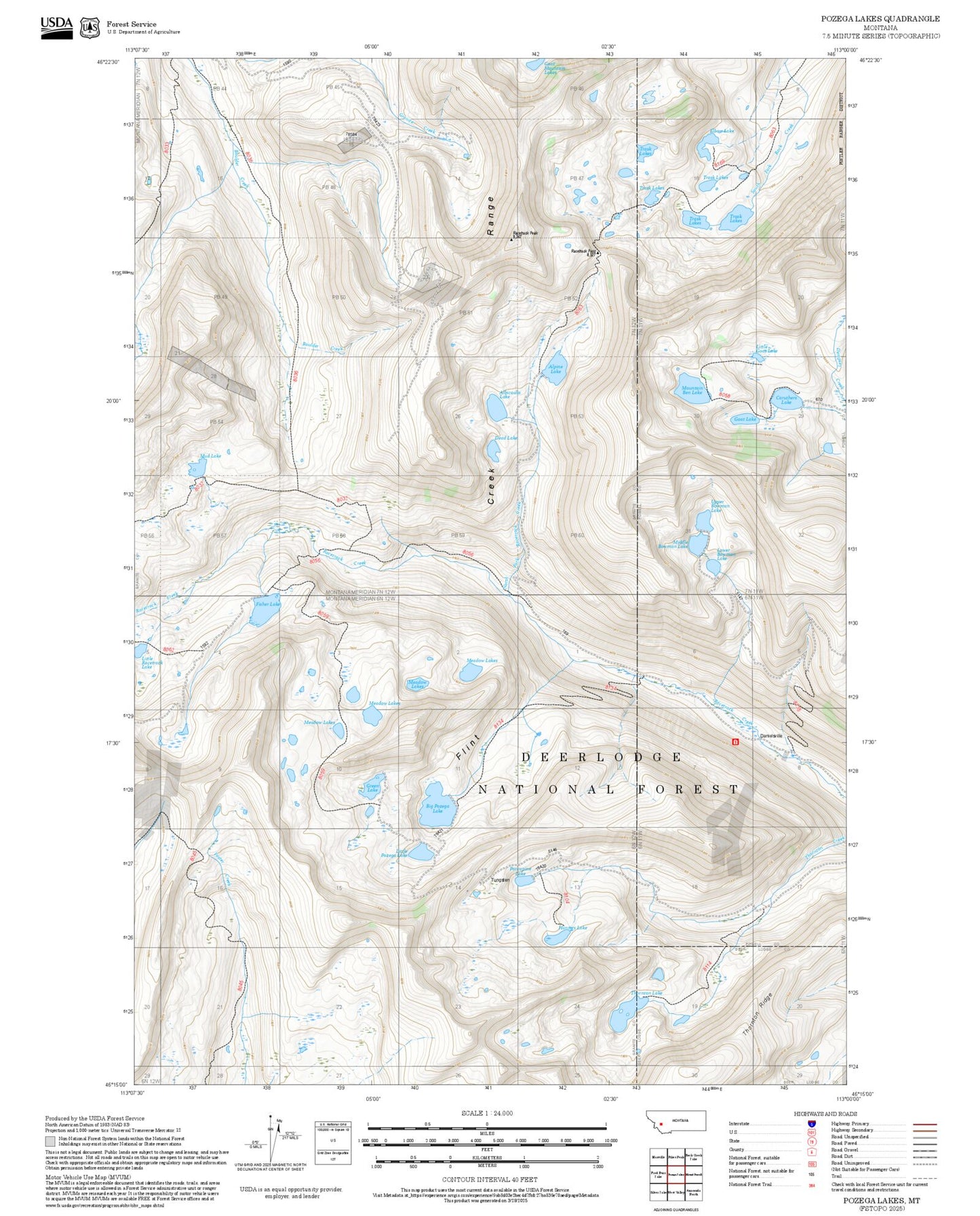 2025 Forest Service Topo Map of Pozega Lakes Montana
