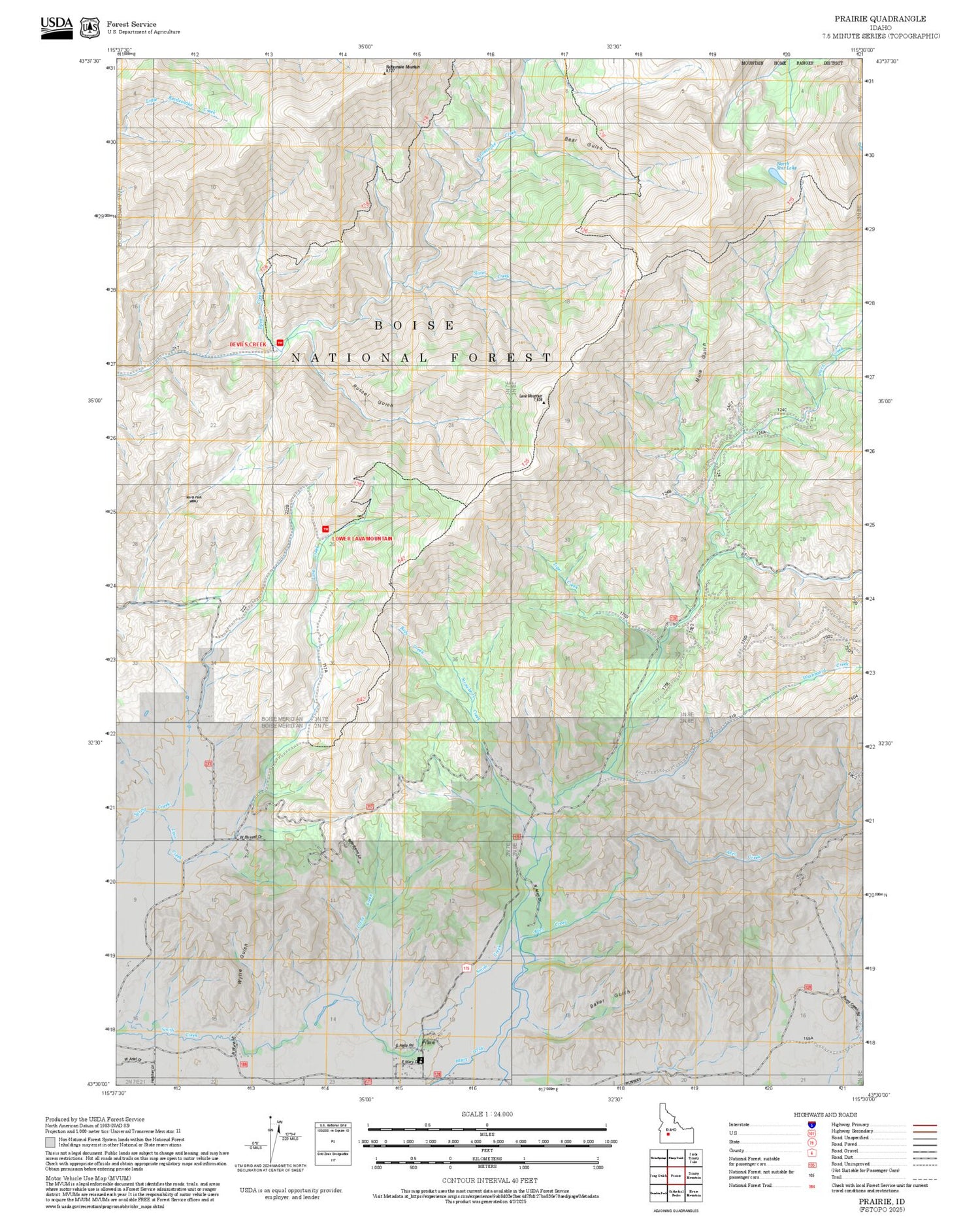 2025 Forest Service Topo Map of Prairie Idaho