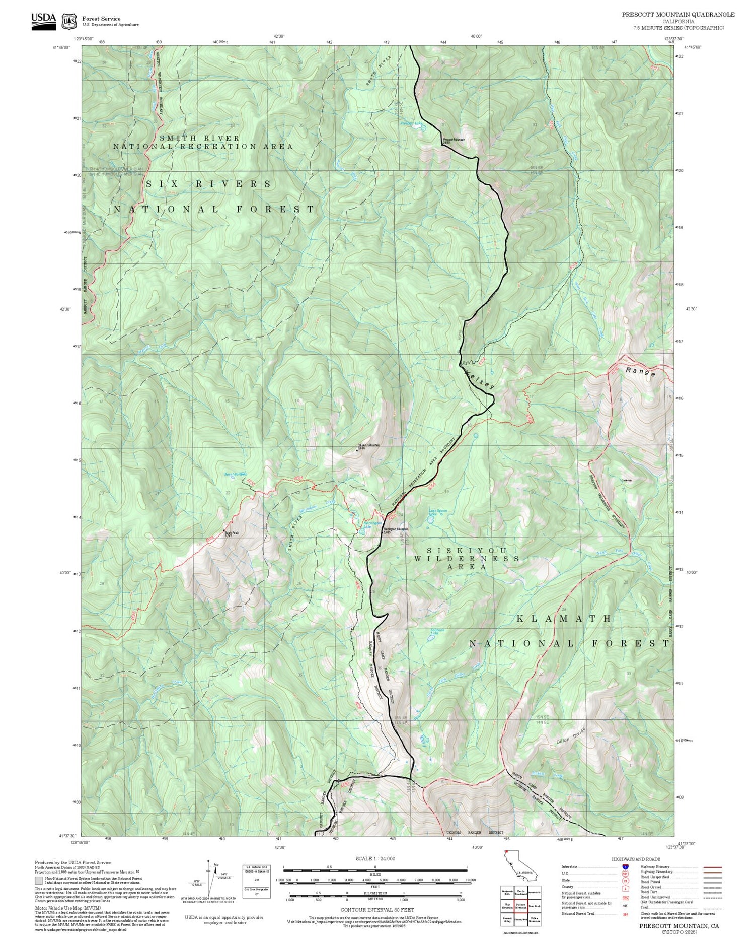 2025 Forest Service Topo Map of Prescott Mountain California