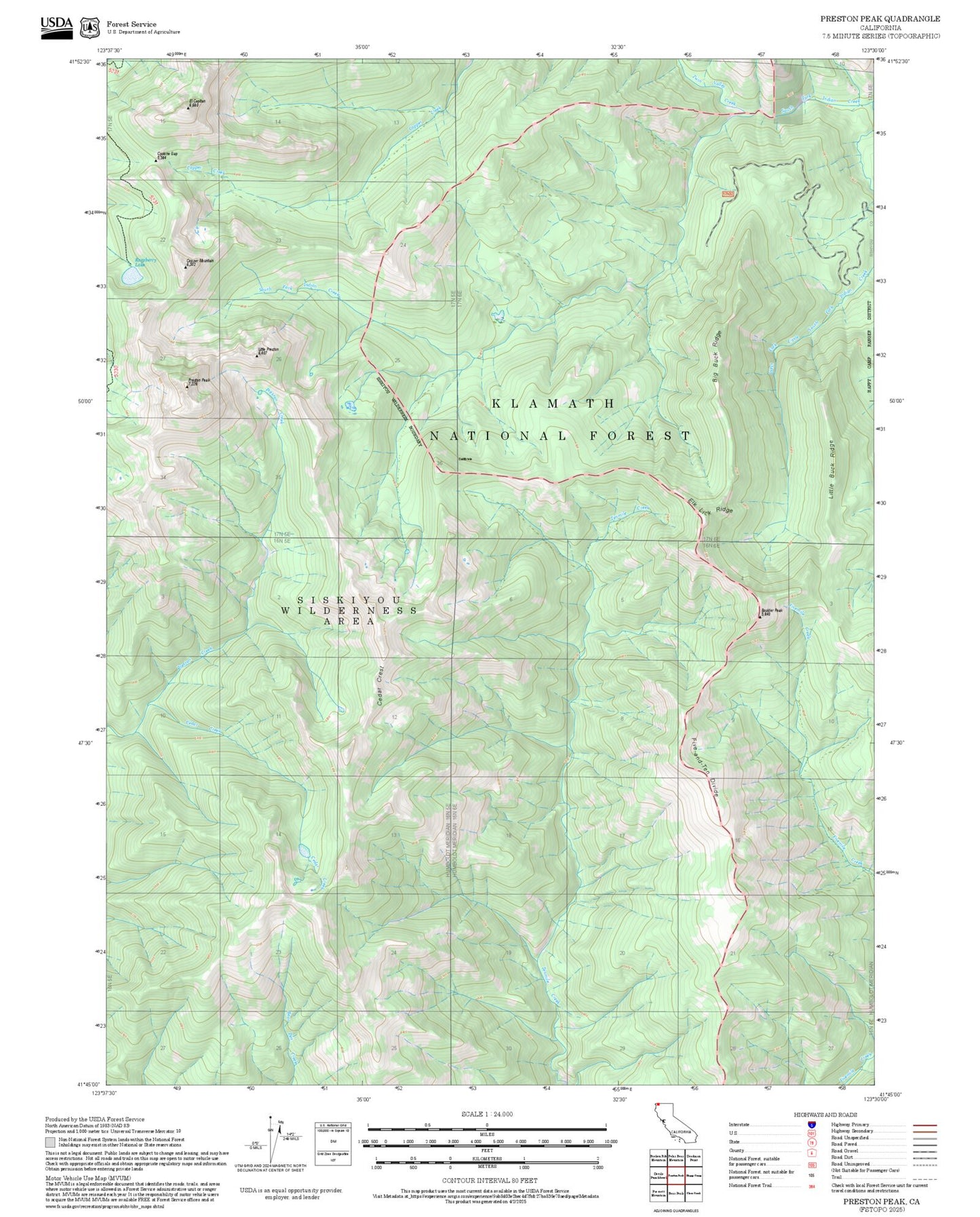 2025 Forest Service Topo Map of Preston Peak California