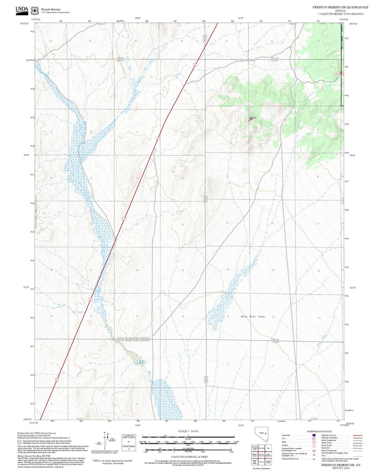 2025 Forest Service Topo Map of Preston Reservoir Nevada
