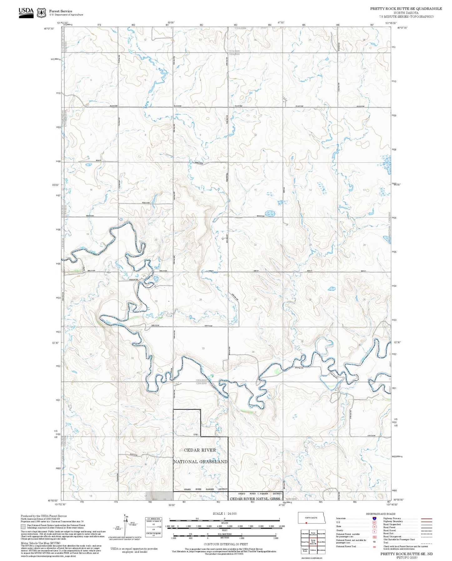 2025 Forest Service Topo Map of Pretty Rock Butte SE North Dakota