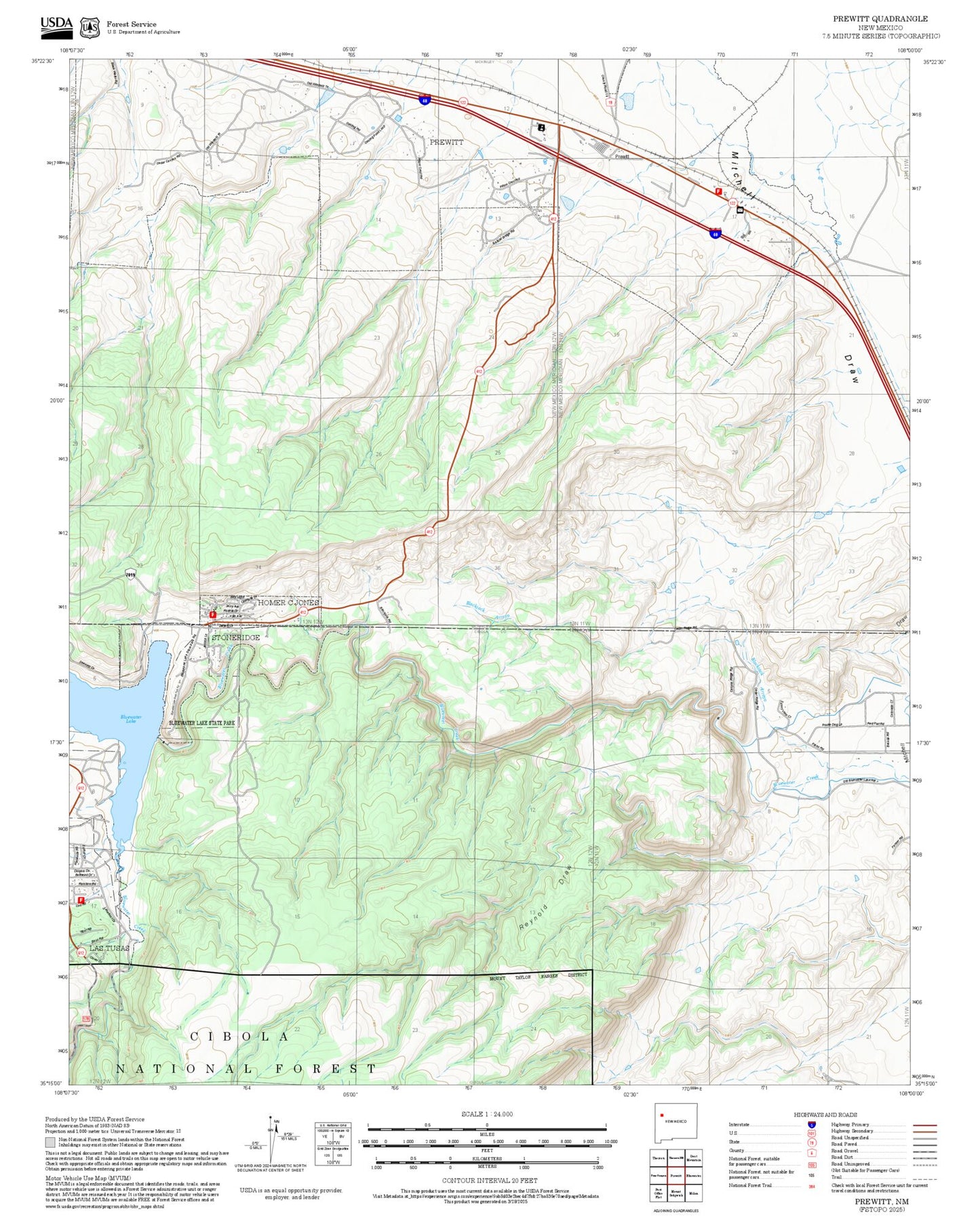 2025 Forest Service Topo Map of Prewitt New Mexico