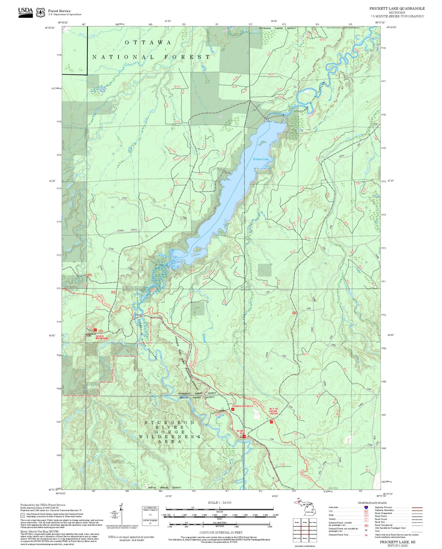 2025 Forest Service Topo Map of Prickett Lake Michigan