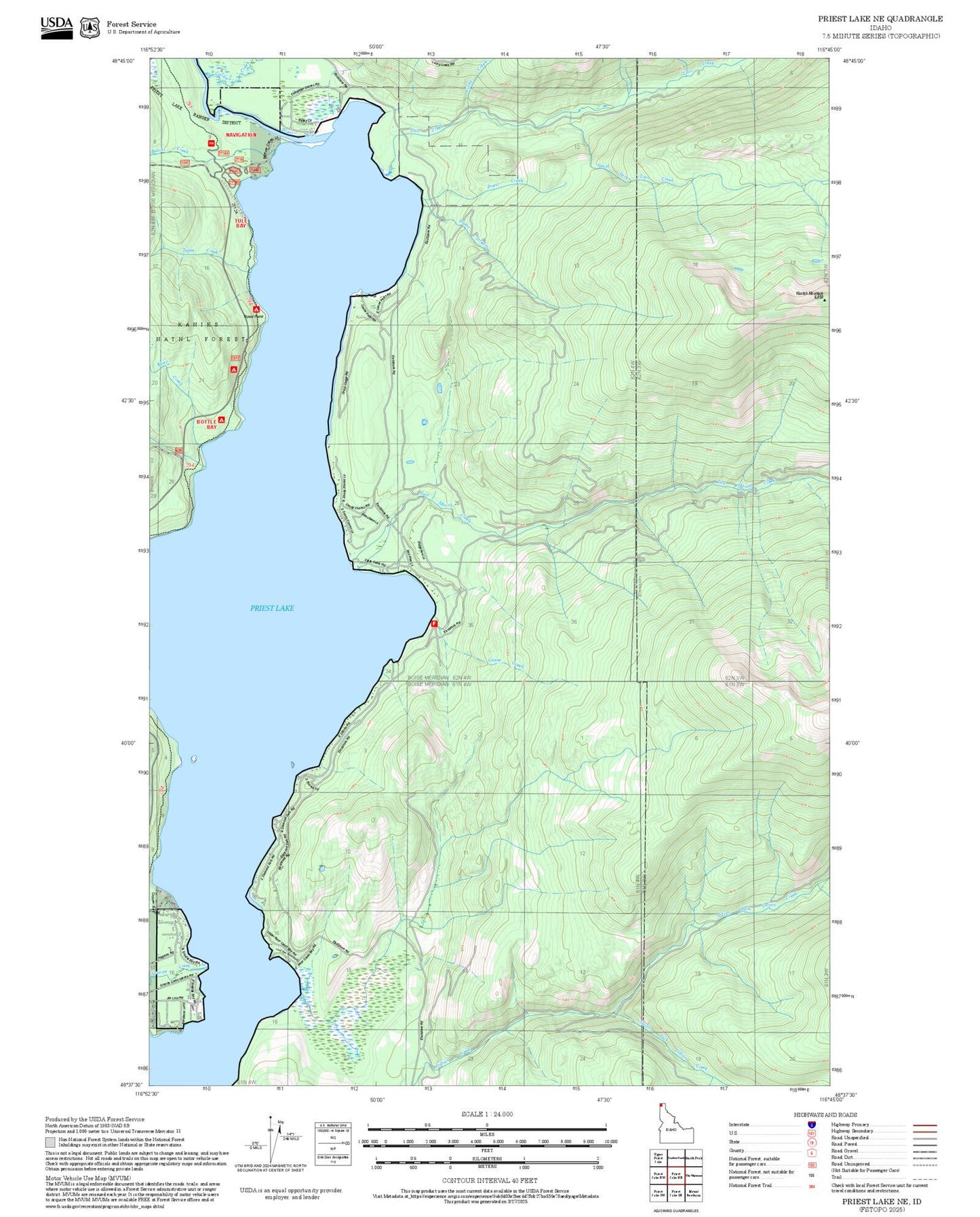 2025 Forest Service Topo Map of Priest Lake NE Idaho